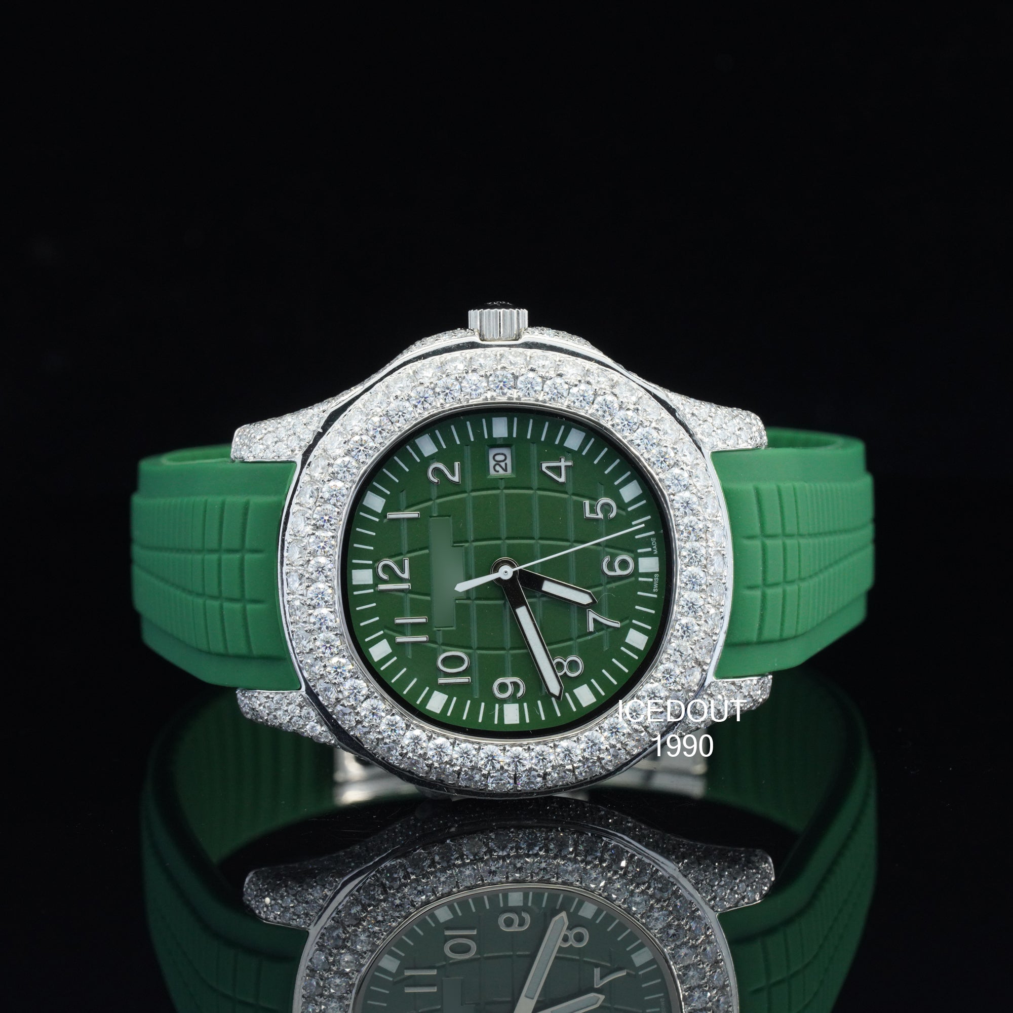 Moissanite Diamond Iced Out Green Color Rubber Belt Automatic Wrist Watch For Men