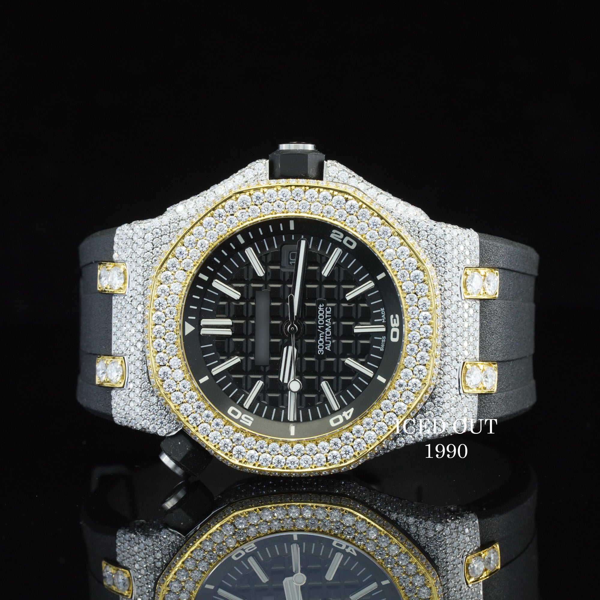 Awesome Diamond Iced Out Black Color Rubber Belt Automatic Wrist Moissanite Watch For Men