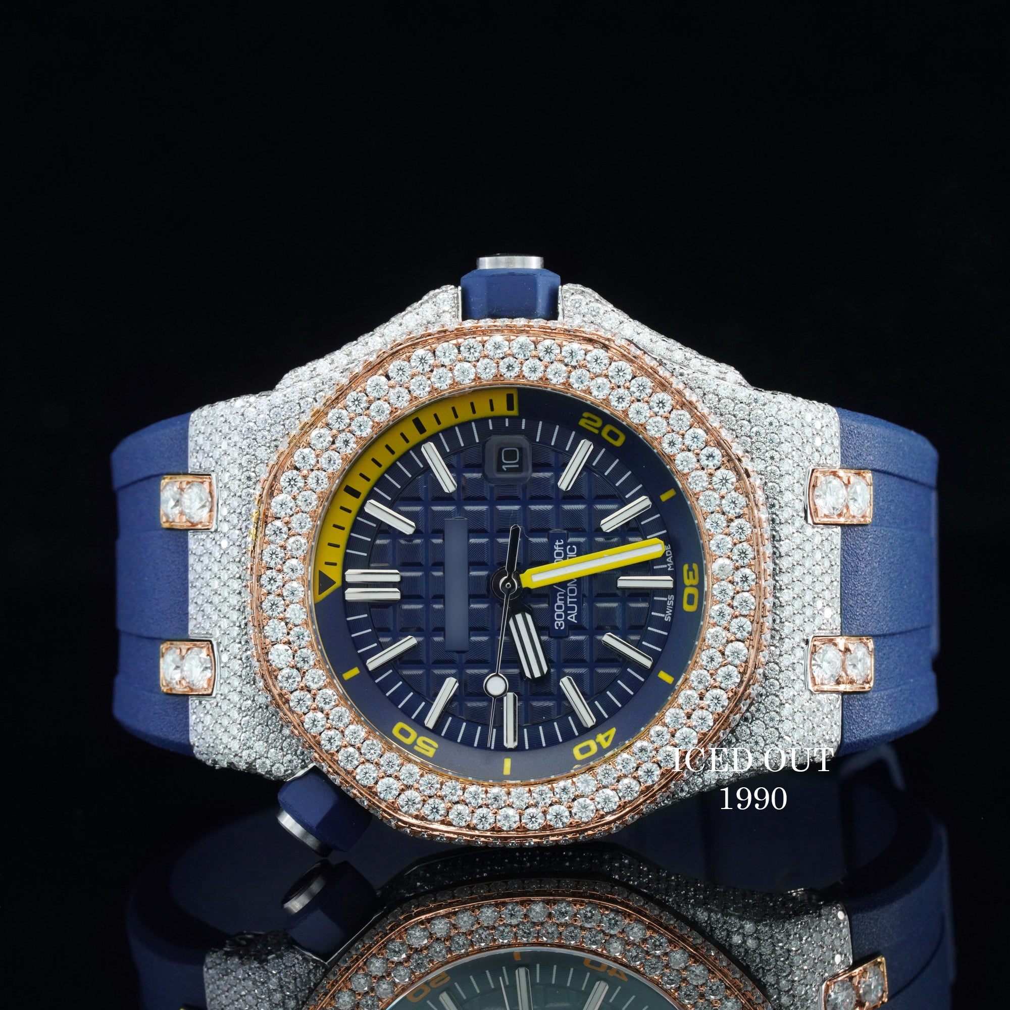 Moissanite Diamond Iced Out Blue Color Rubber Belt Automatic Watch For Men