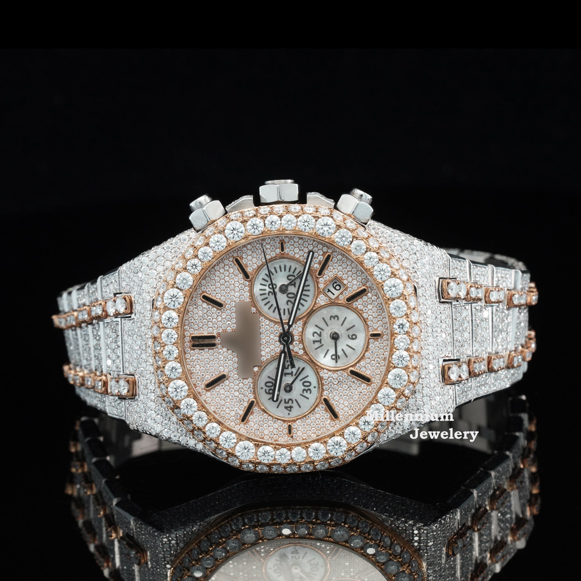 Fabulous Quality Iced Out Fully Automatic Yellow & White Moissanite Diamond Wrist Watch For Men