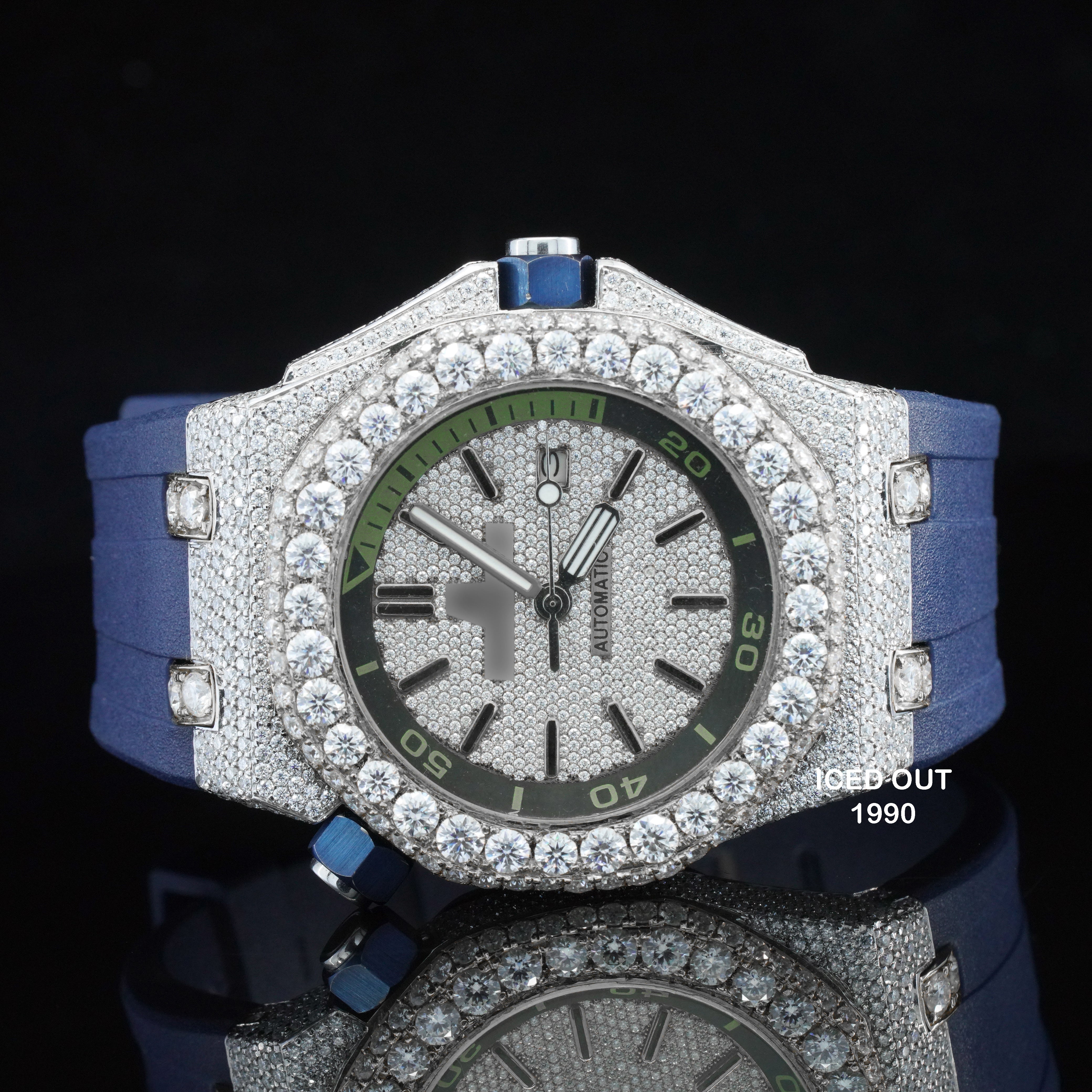 Amazing Quality Diamond Iced Out Rubber Belt Chronograph Wrist Moissanite Watch For Men