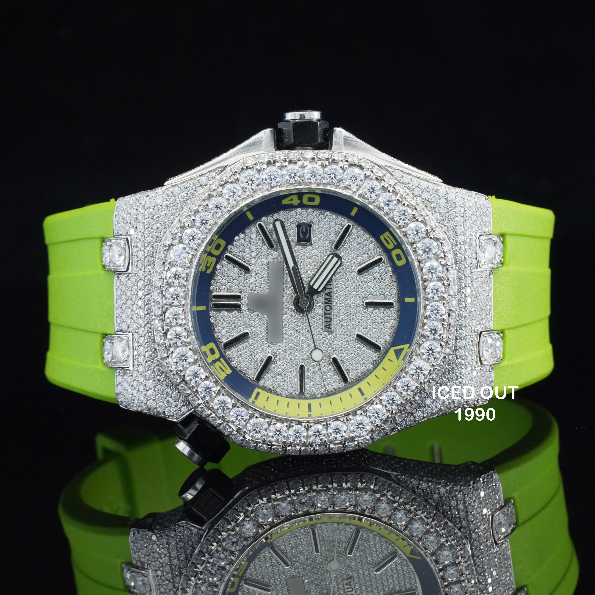 Moissanite Diamond Iced Out Green Color Rubber Belt Automatic Wrist Watch For Men