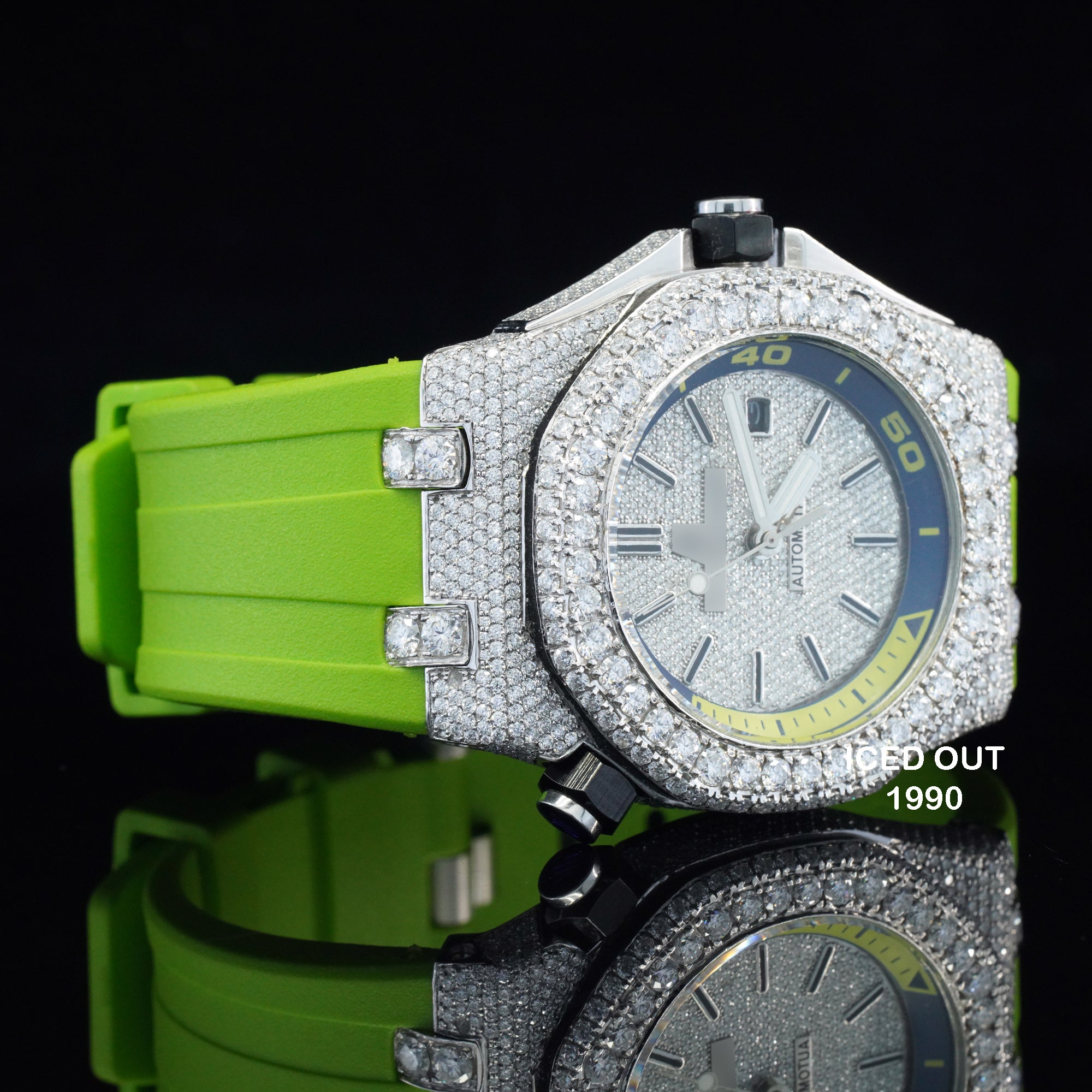 Moissanite Diamond Iced Out Green Color Rubber Belt Automatic Wrist Watch For Men