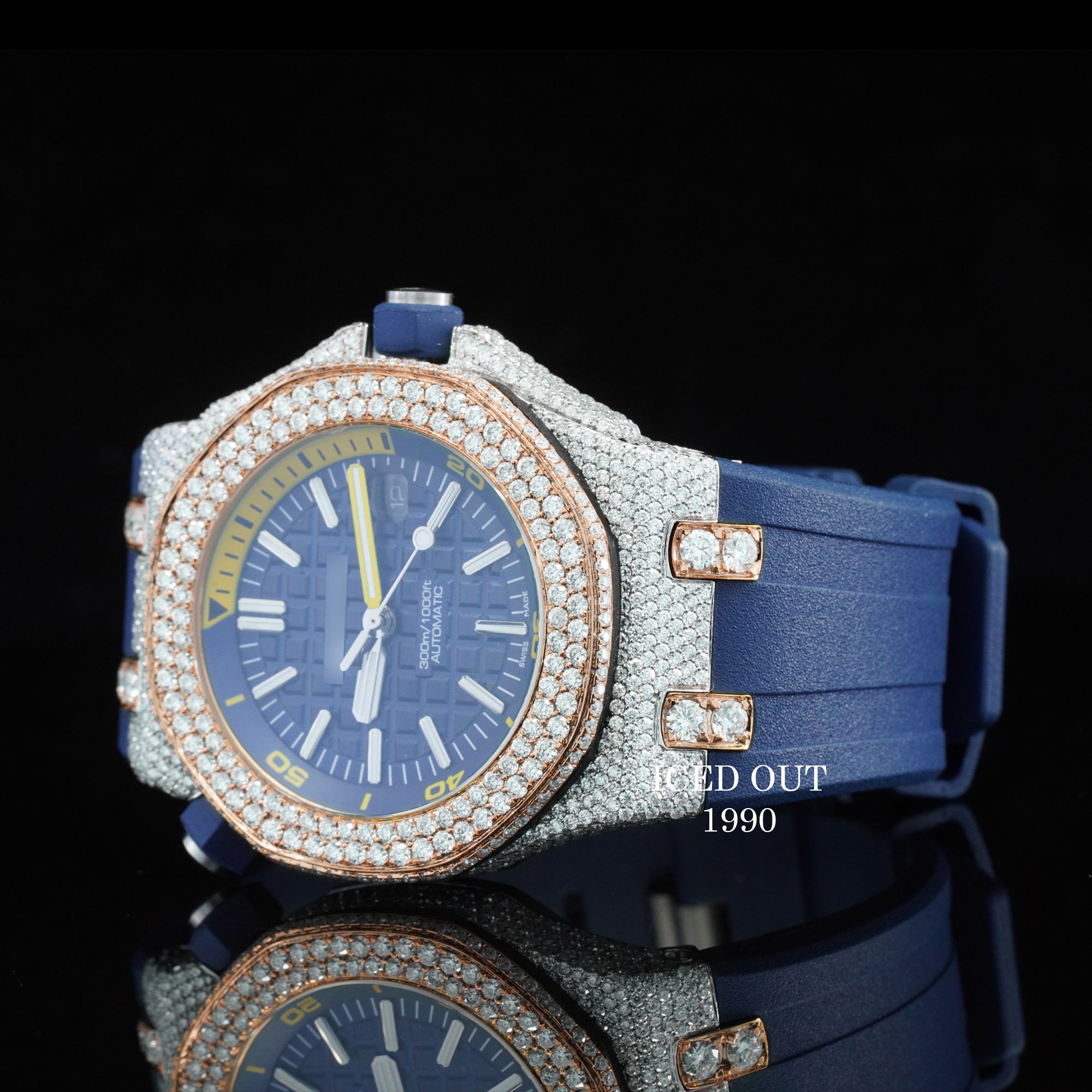 Moissanite Diamond Iced Out Blue Color Rubber Belt Automatic Watch For Men