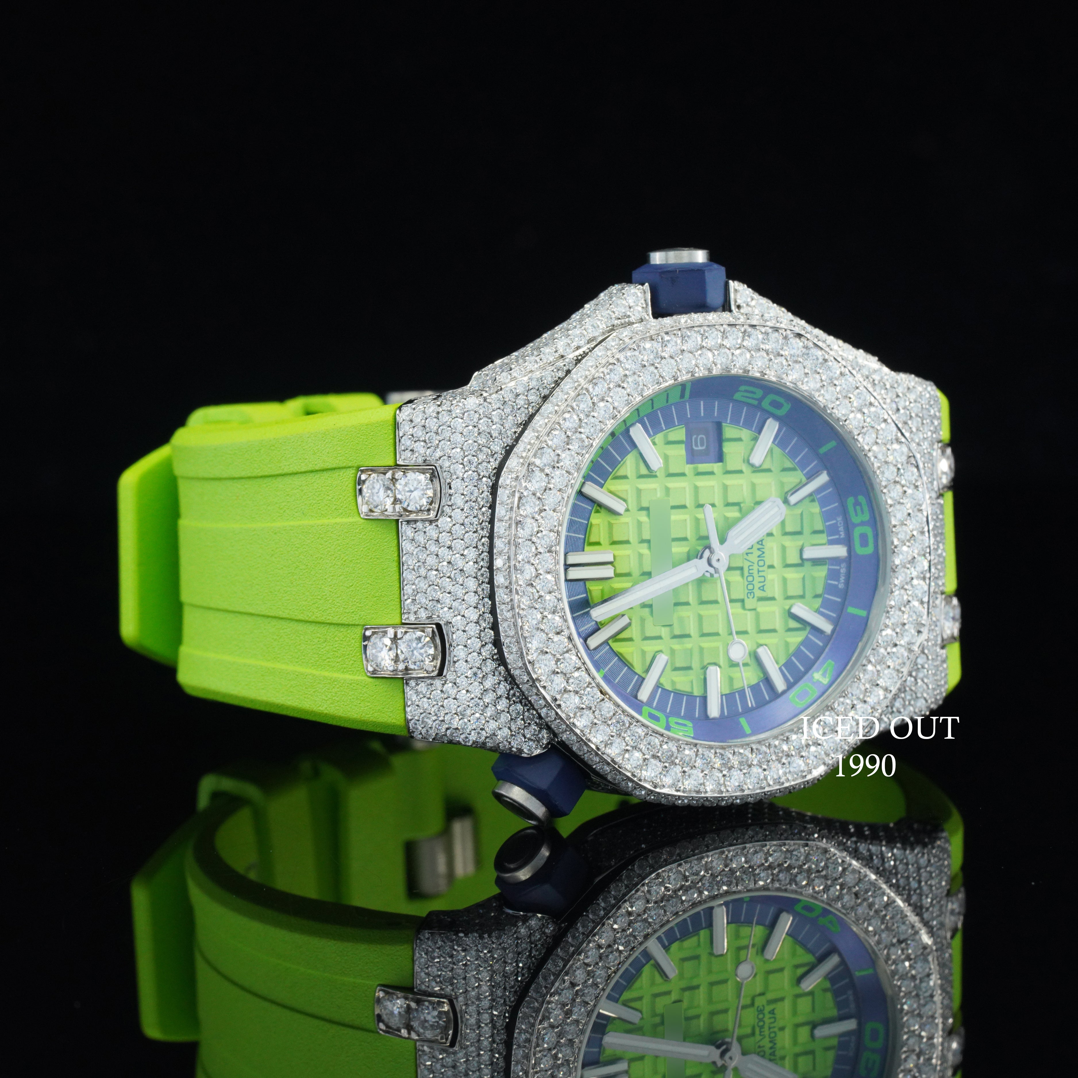 Perfectly Diamond Iced Out Green Color Automatic Wrist Moissanite Watch For Men