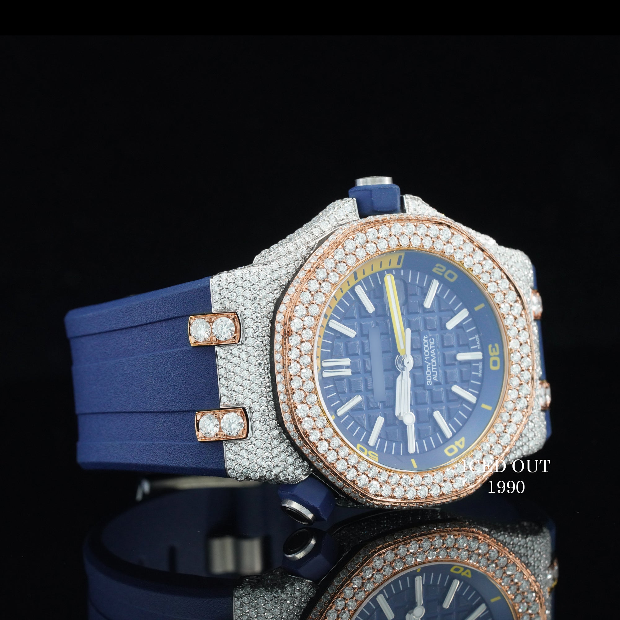 Moissanite Diamond Iced Out Blue Color Rubber Belt Automatic Watch For Men