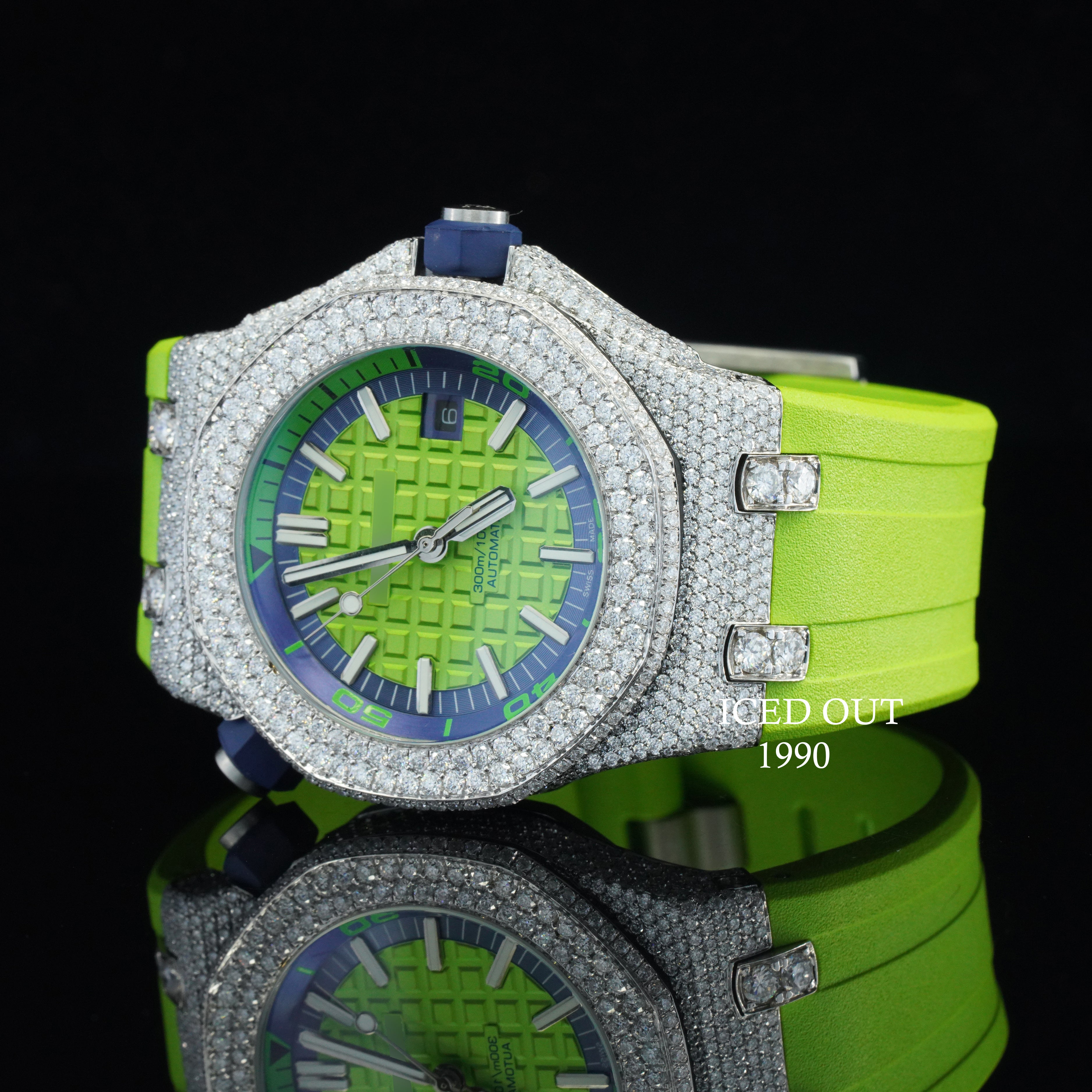 Perfectly Diamond Iced Out Green Color Automatic Wrist Moissanite Watch For Men