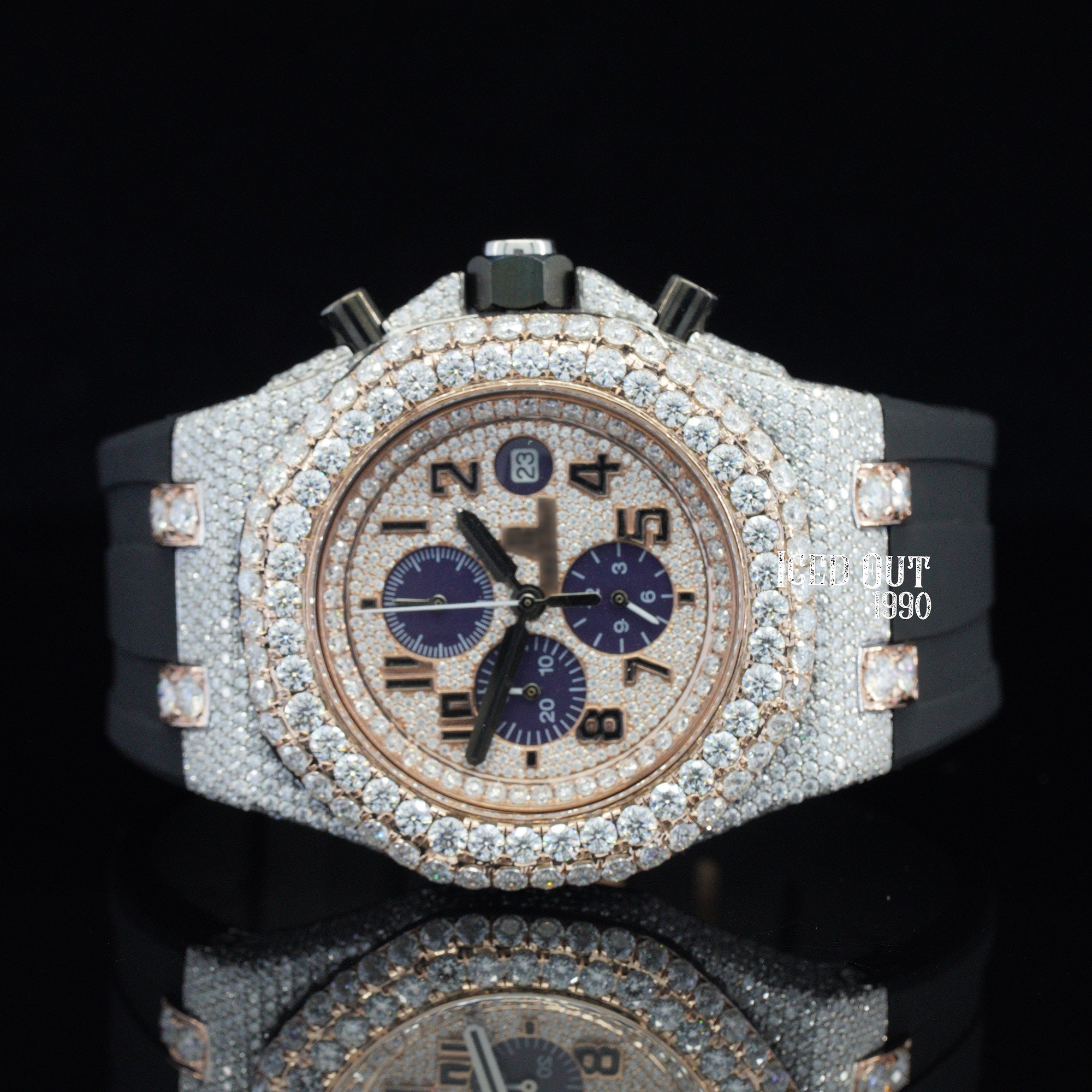 Two Tone Chronograph Iced Out Moissanite Hip Hop Watch Rubber Belt