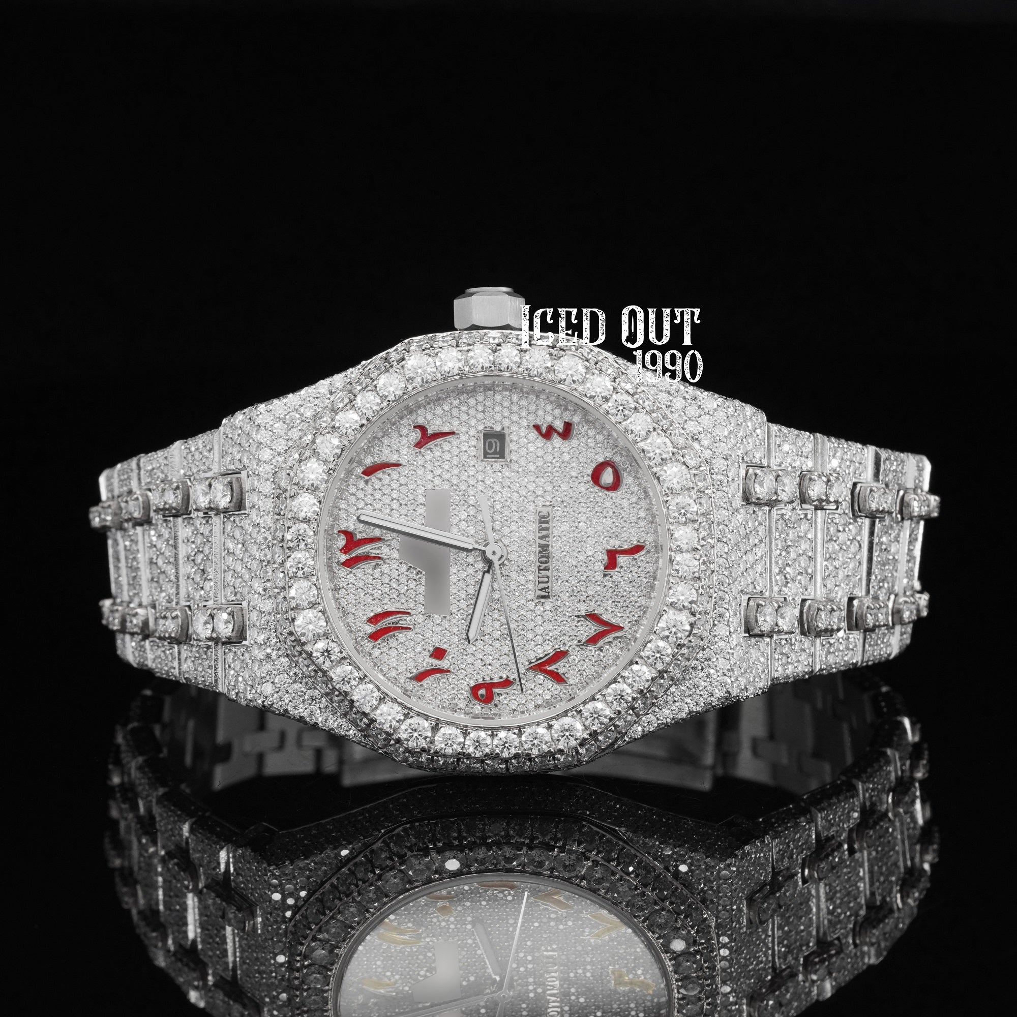 Moissanite Watch Hip Hop Iced Out Red Arabic Number Watch Sapphire Crystal Glass