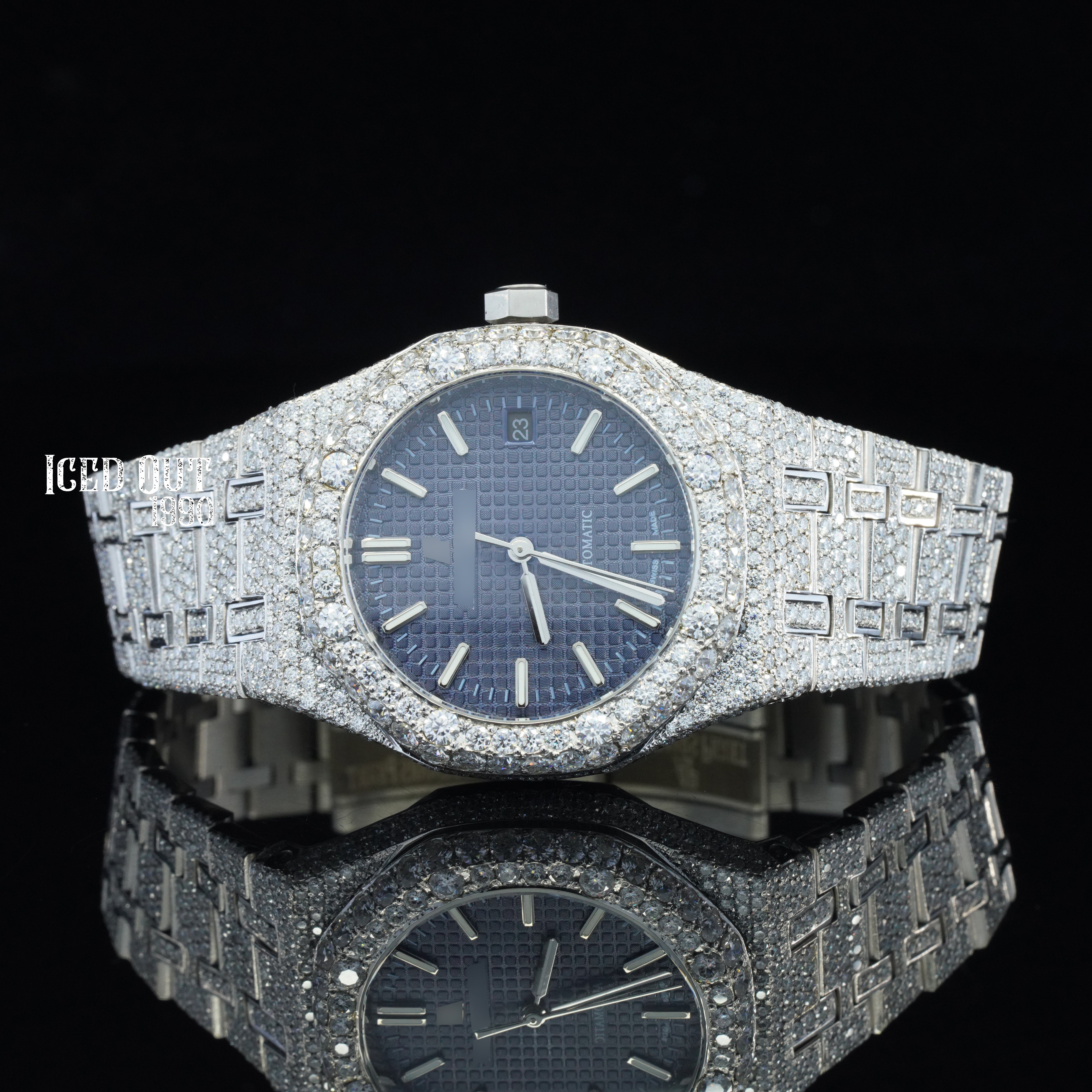 Branded Moissanite Watch Blue Face Iced Out Bust Down Watch For Women