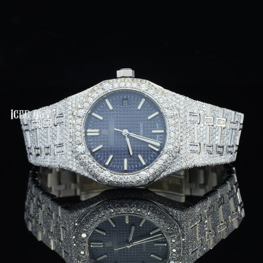 Branded Moissanite Watch Blue Face Iced Out Bust Down Watch For Women