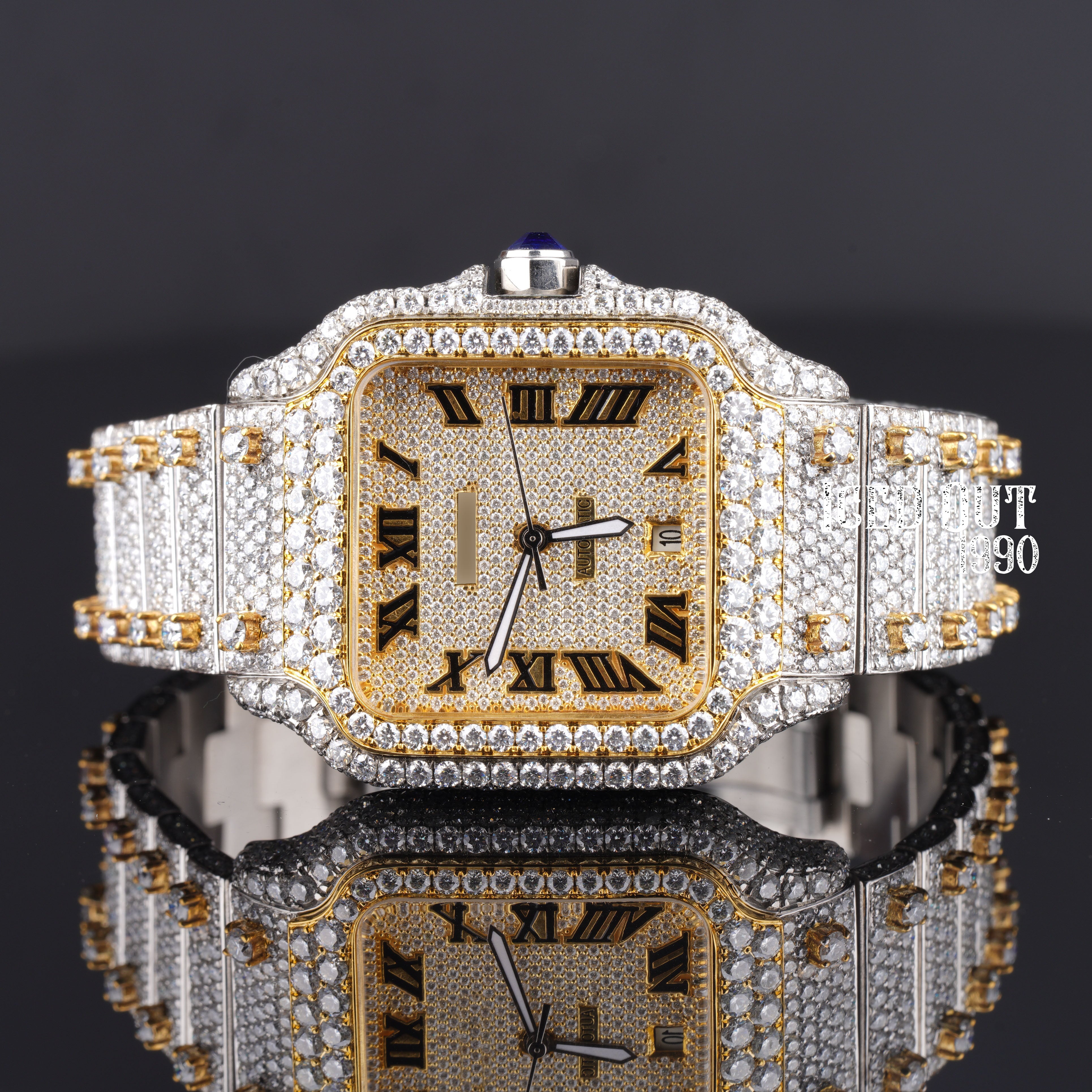 Iced Out Moissanite Watch Two Tone Hip Hop Wrist Bust Down Watch