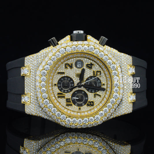Chronograph Moissanite Hip Hop Iced Out Watch Rubber Belt