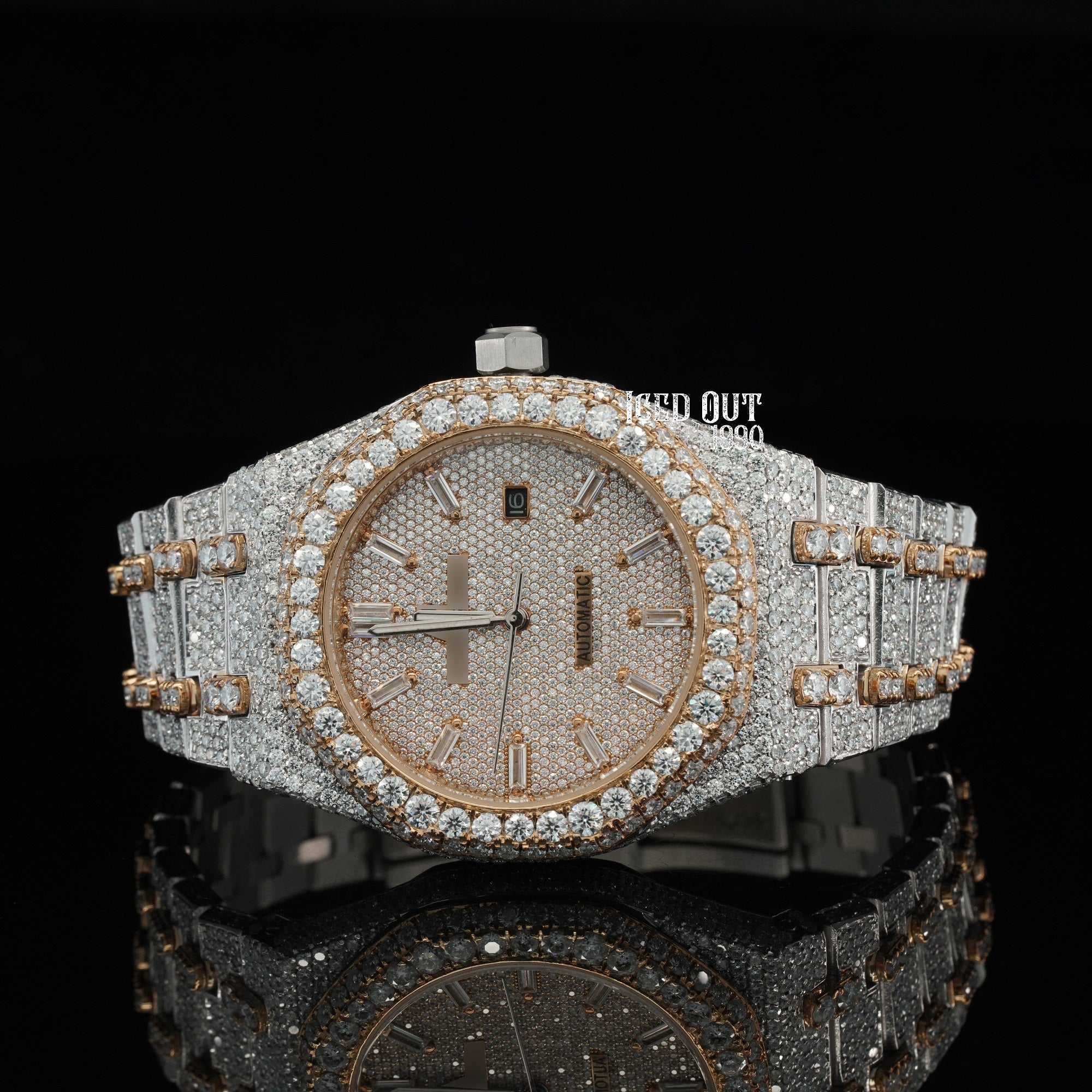 Moissanite Watch Automatic Iced Out Bust Down Sapphire Crystal Glass Watch