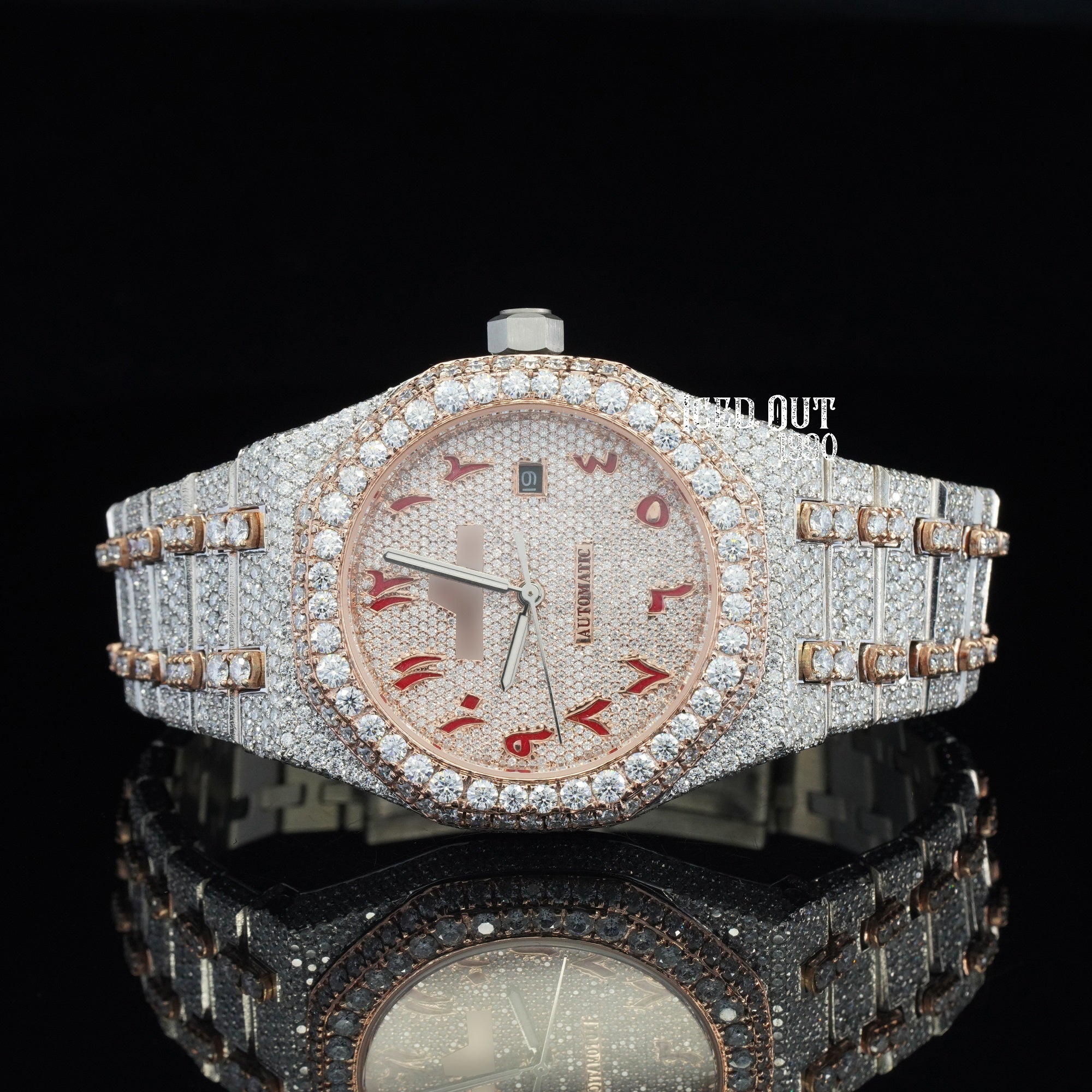 Moissanite Watch Hip Hop Iced Out Red Arabic Number Watch Sapphire Crystal Glass