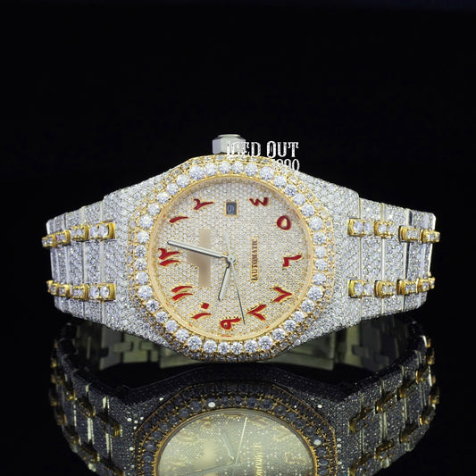 Moissanite Watch Hip Hop Iced Out Red Arabic Number Watch Sapphire Crystal Glass
