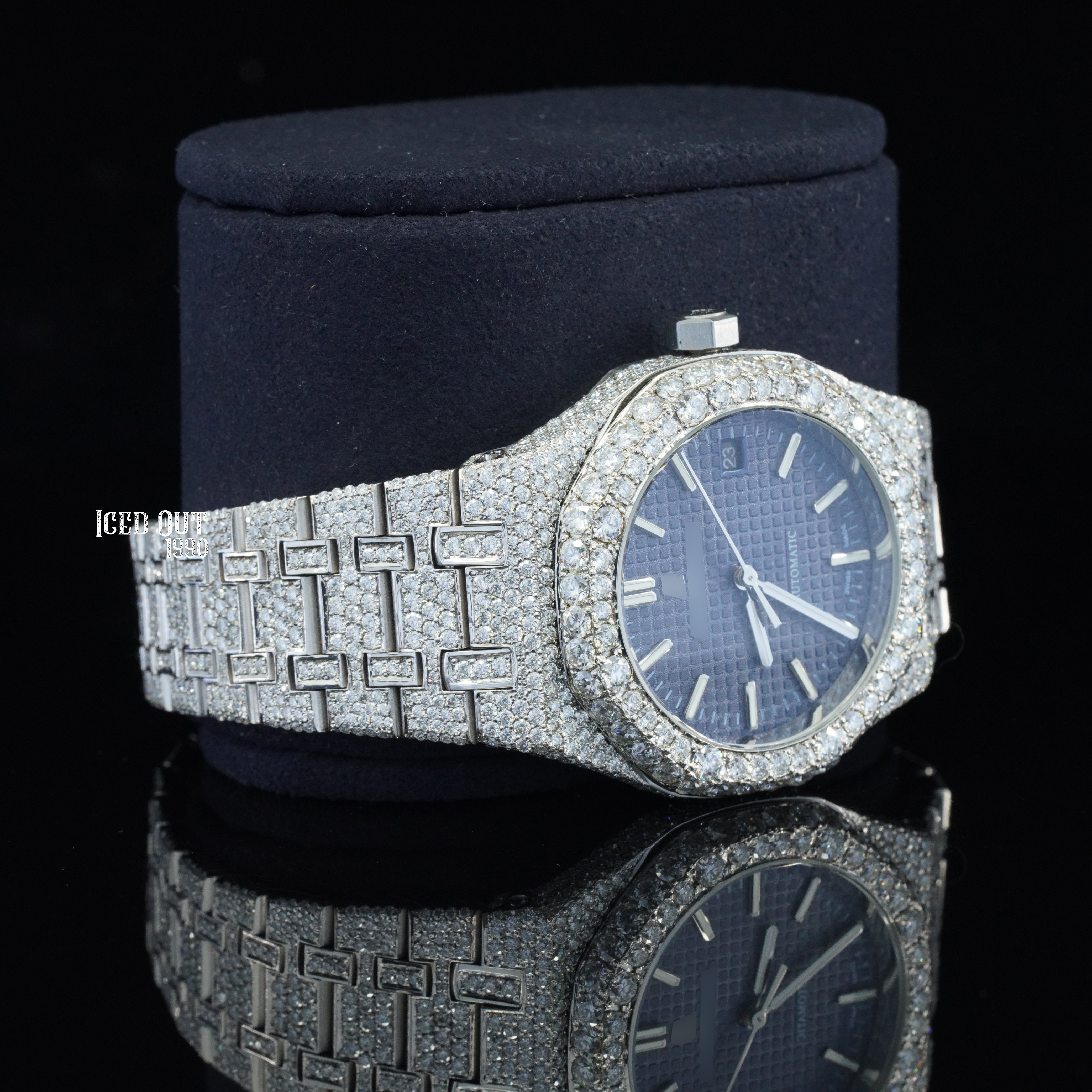 Branded Moissanite Watch Blue Face Iced Out Bust Down Watch For Women