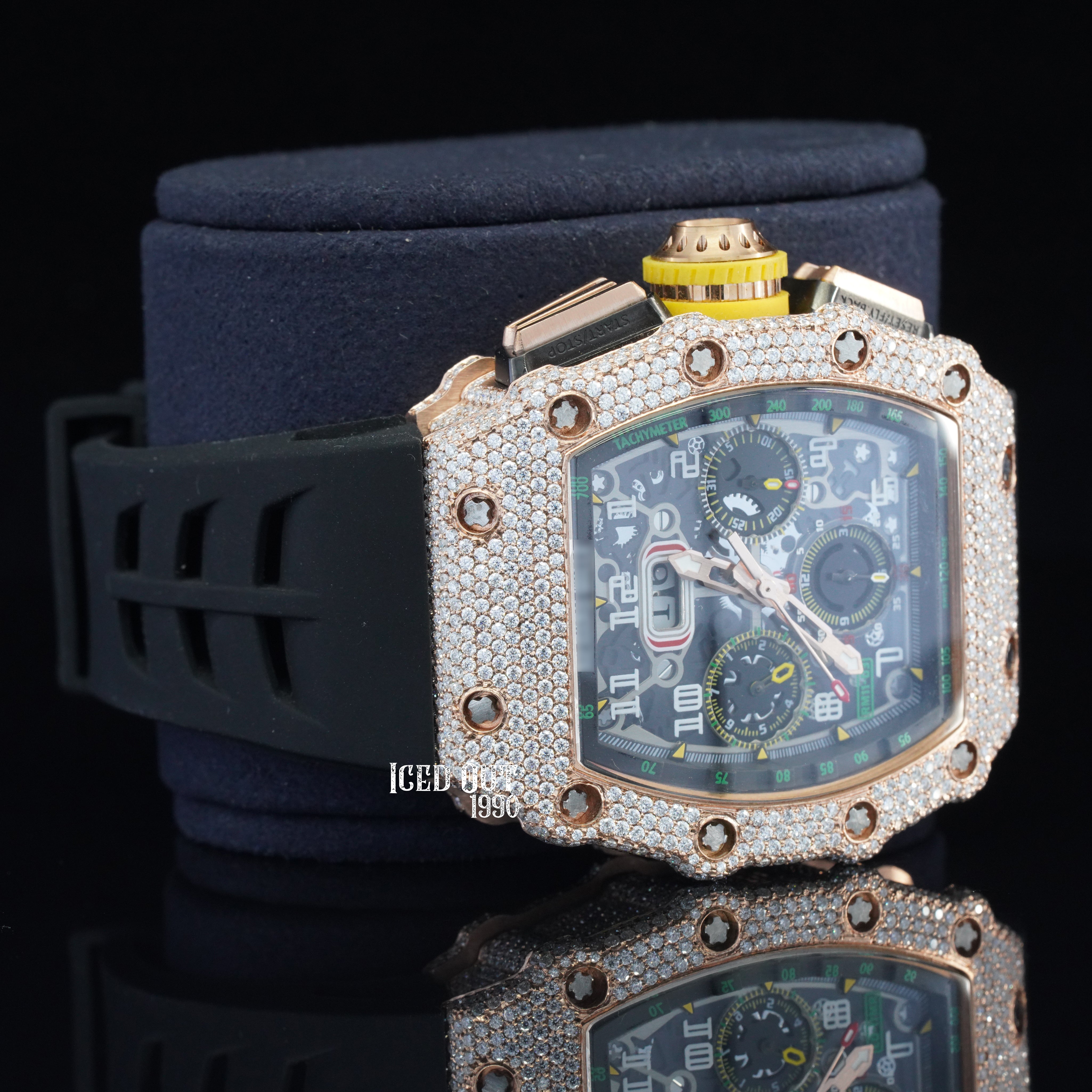 Chrono Iced Out Moissanite Hip Hop Watch Rubber Belt Sapphire Crystal