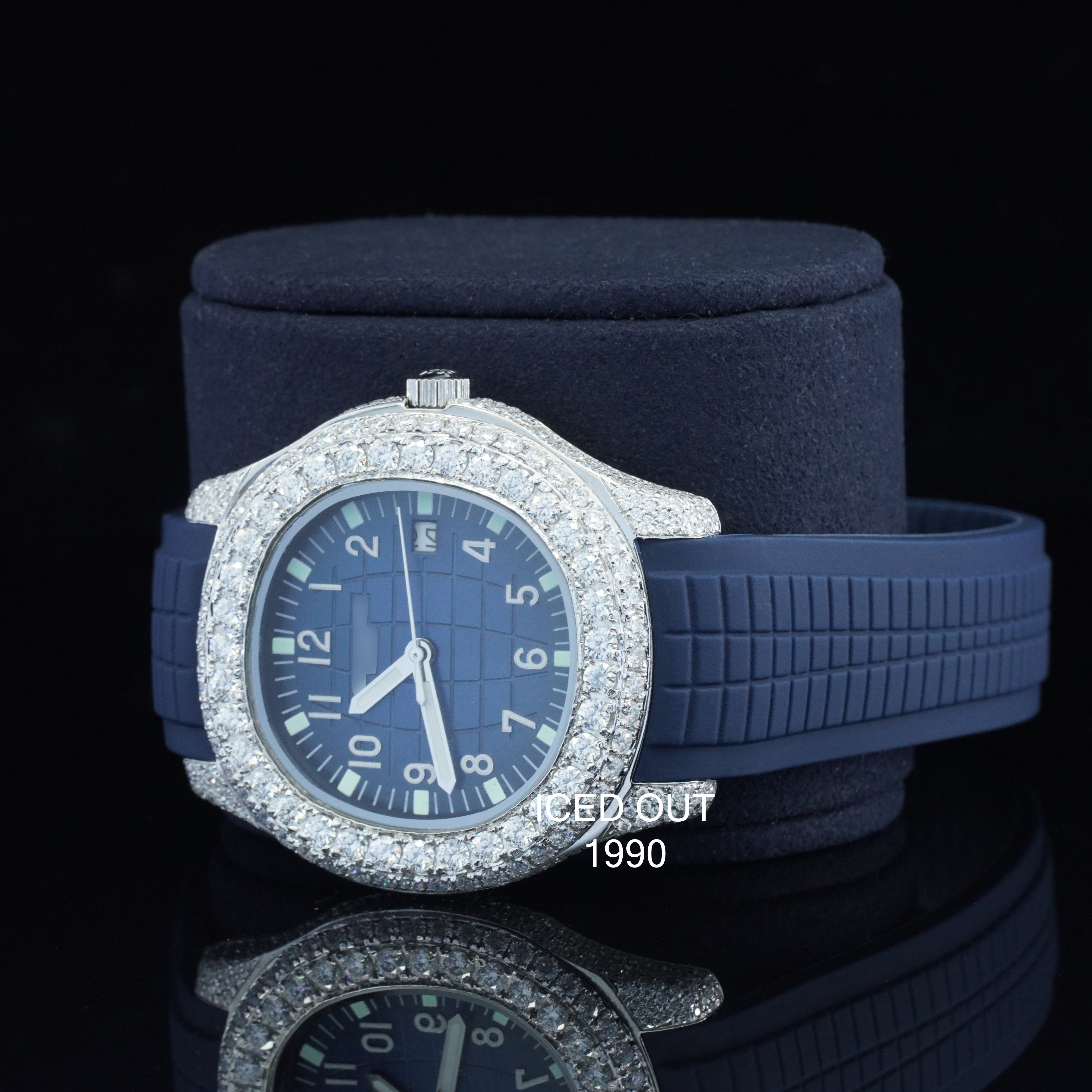 Moissanite Diamond Iced Out Blue Color Rubber Belt Automatic Wrist Watch For Men