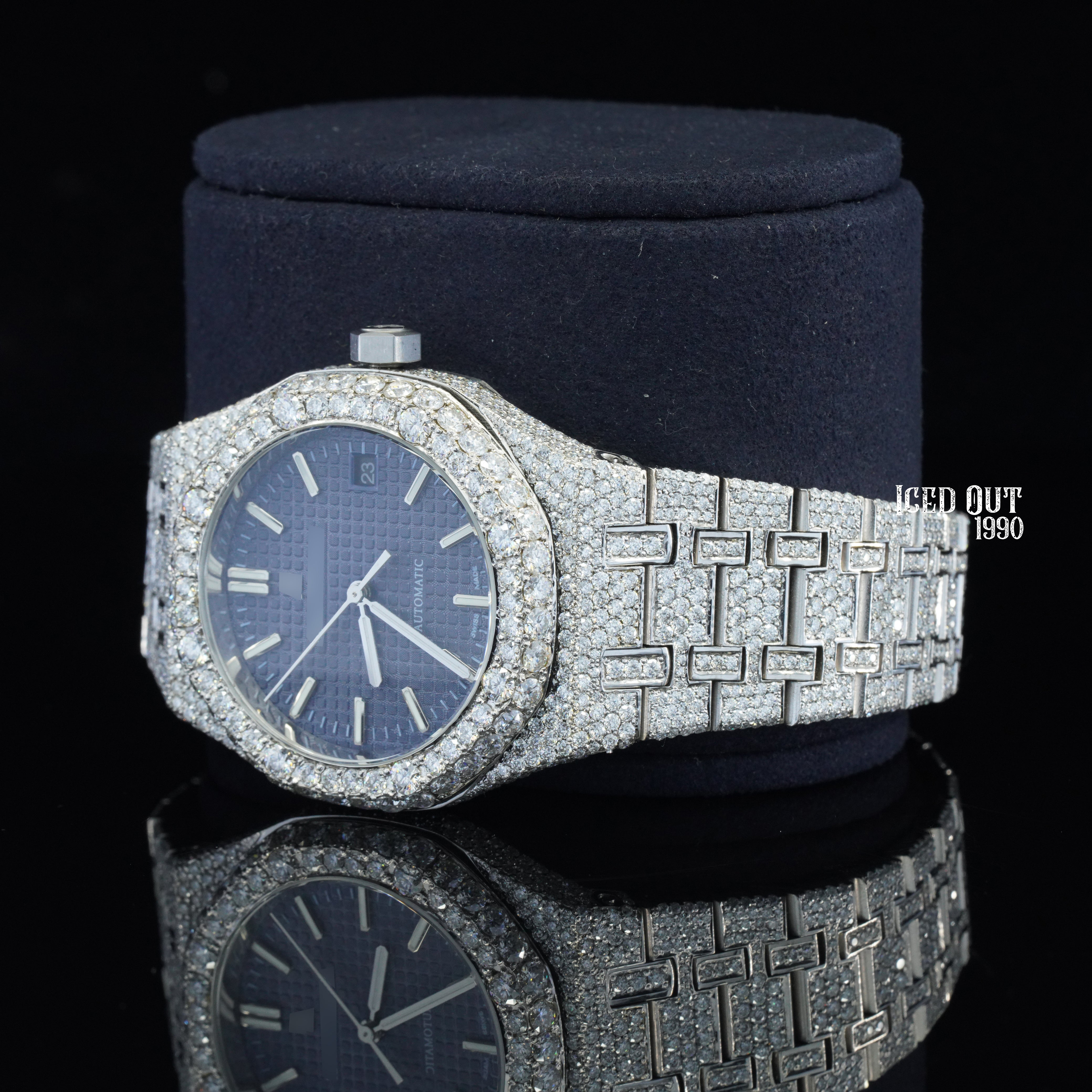 Branded Moissanite Watch Blue Face Iced Out Bust Down Watch For Women