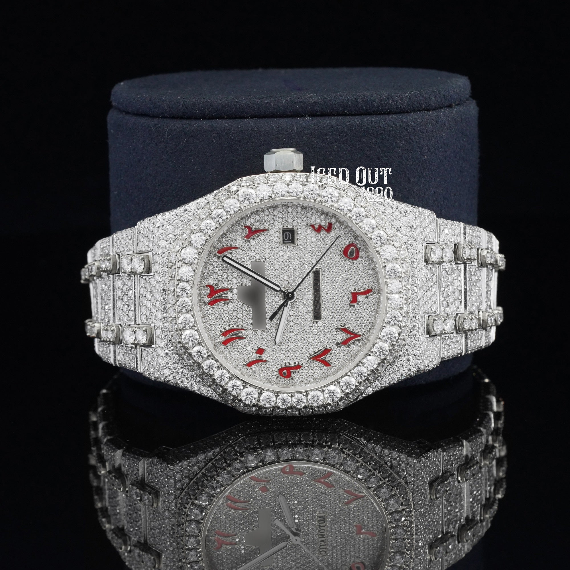 Moissanite Watch Hip Hop Iced Out Red Arabic Number Watch Sapphire Crystal Glass