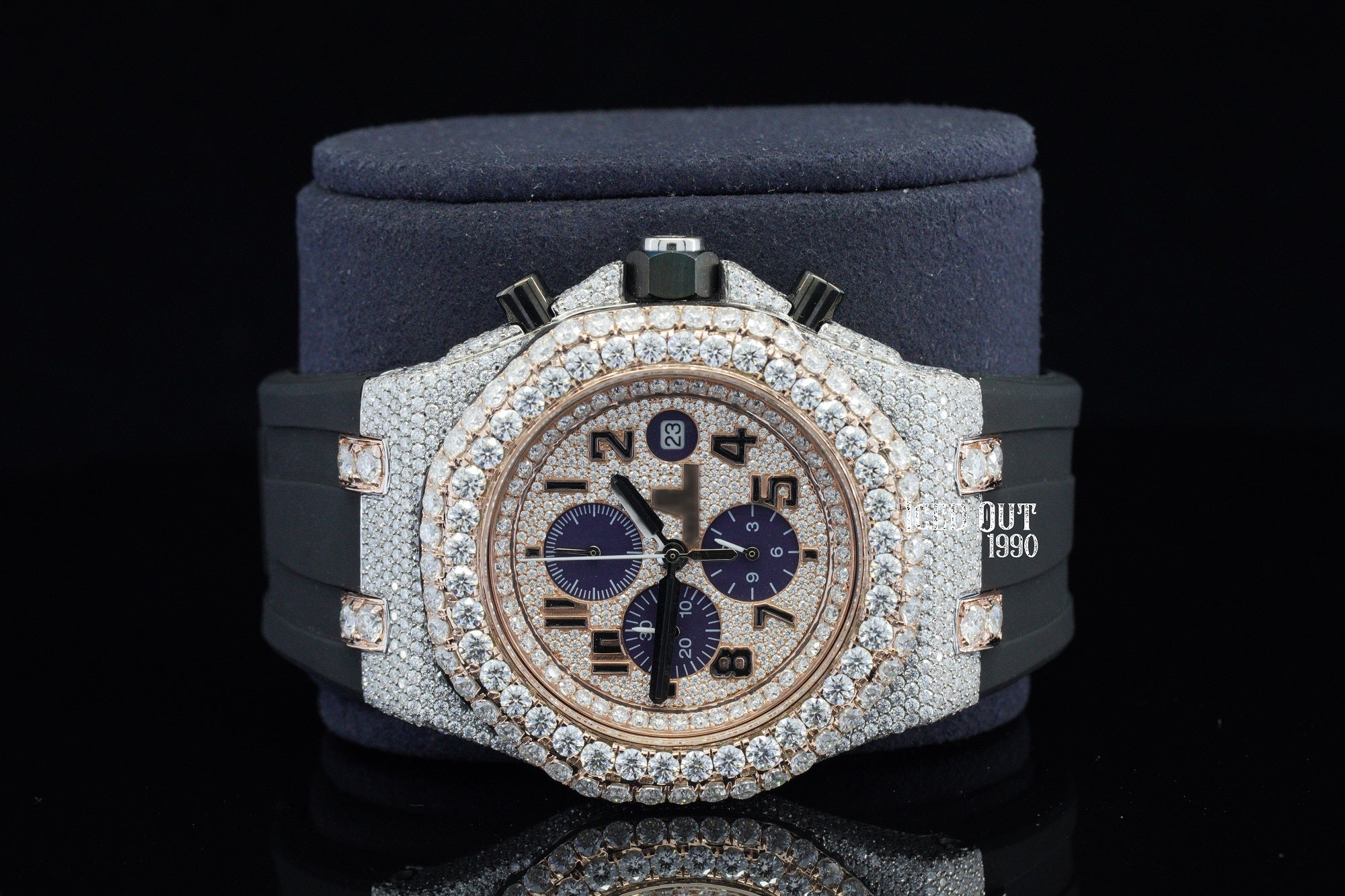 Two Tone Chronograph Iced Out Moissanite Hip Hop Watch Rubber Belt