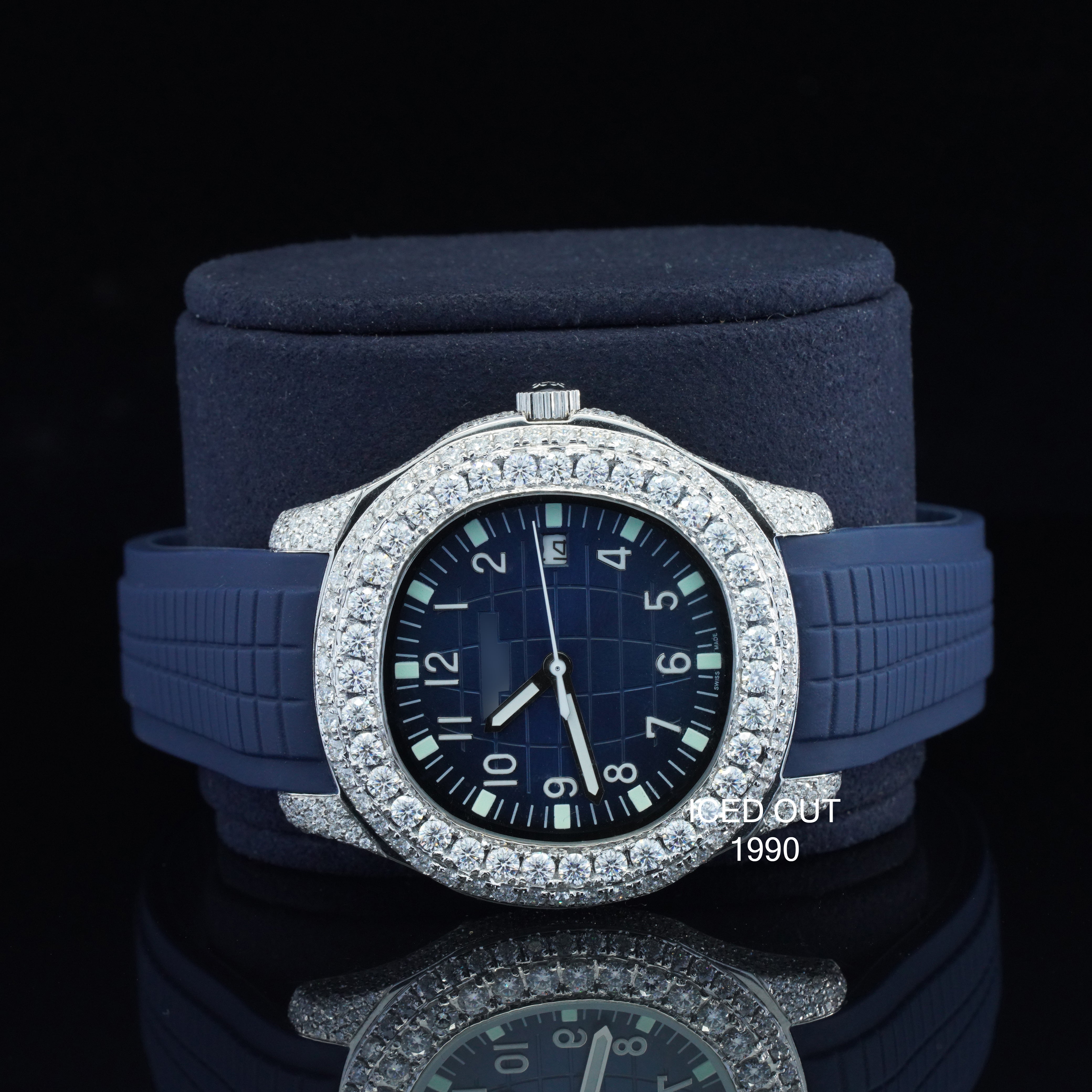 Moissanite Diamond Iced Out Blue Color Rubber Belt Automatic Wrist Watch For Men