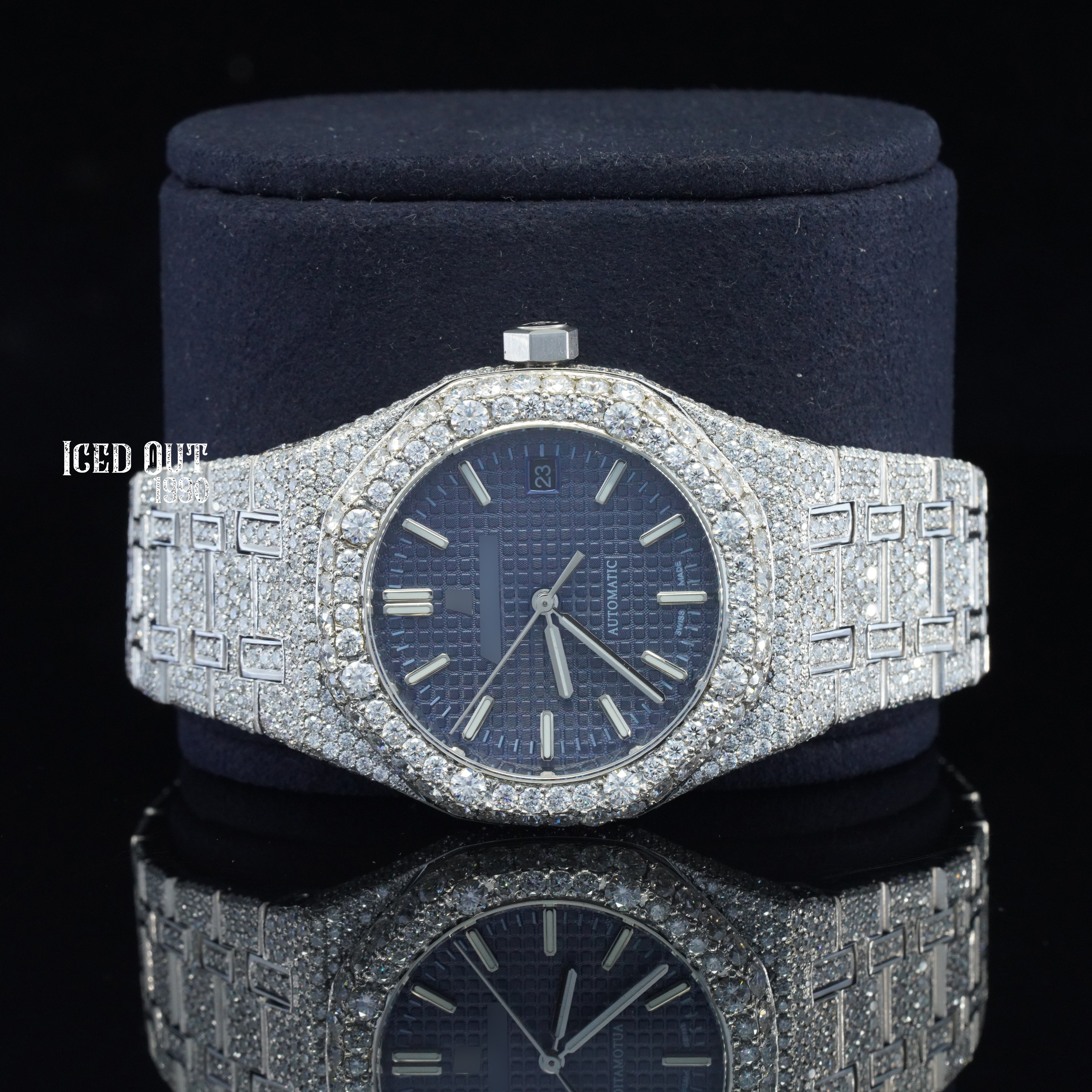 Branded Moissanite Watch Blue Face Iced Out Bust Down Watch For Women