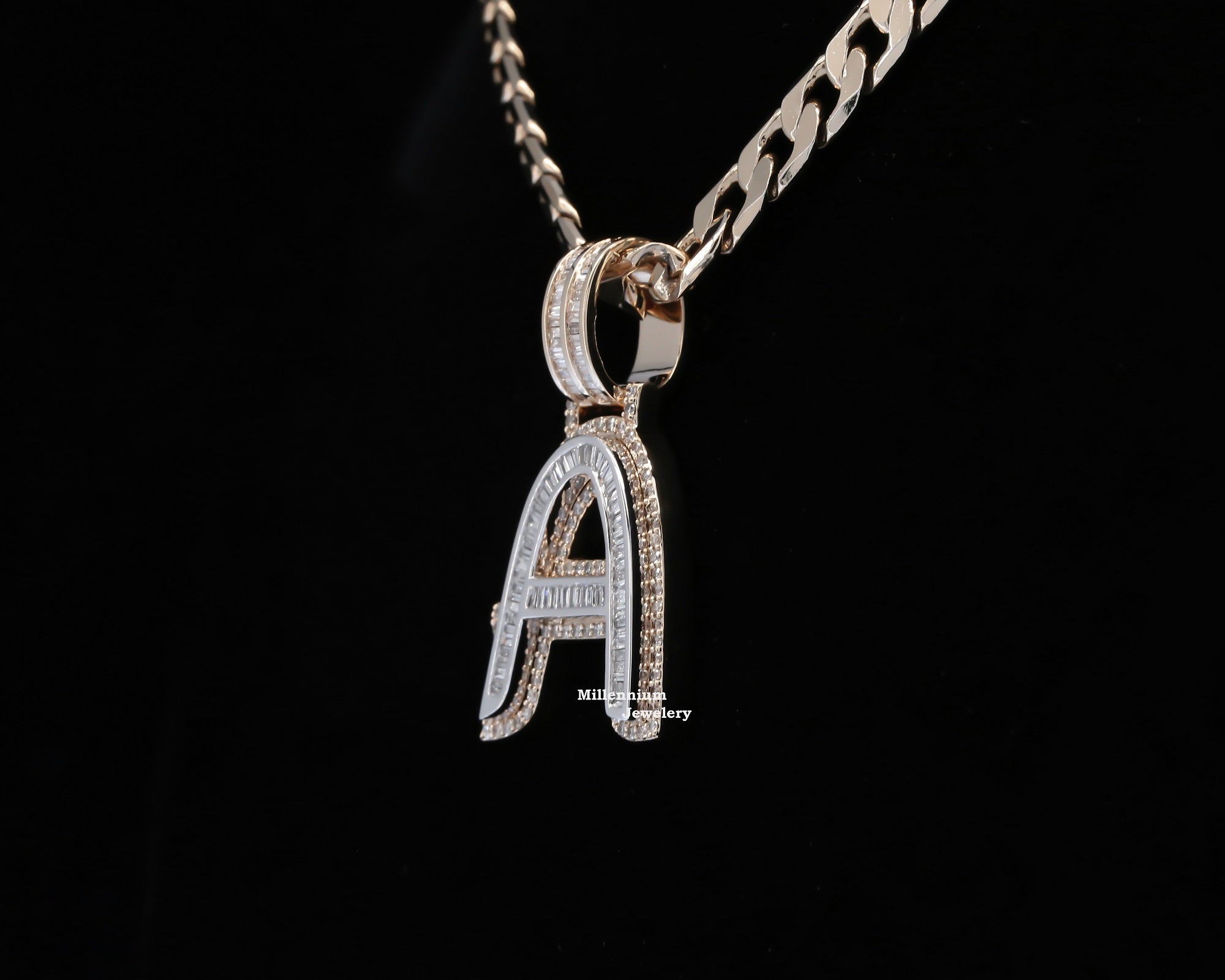 Baguette And Round Cut Moissanite Diamond Initial "A" Charm Hip Hop Pendant