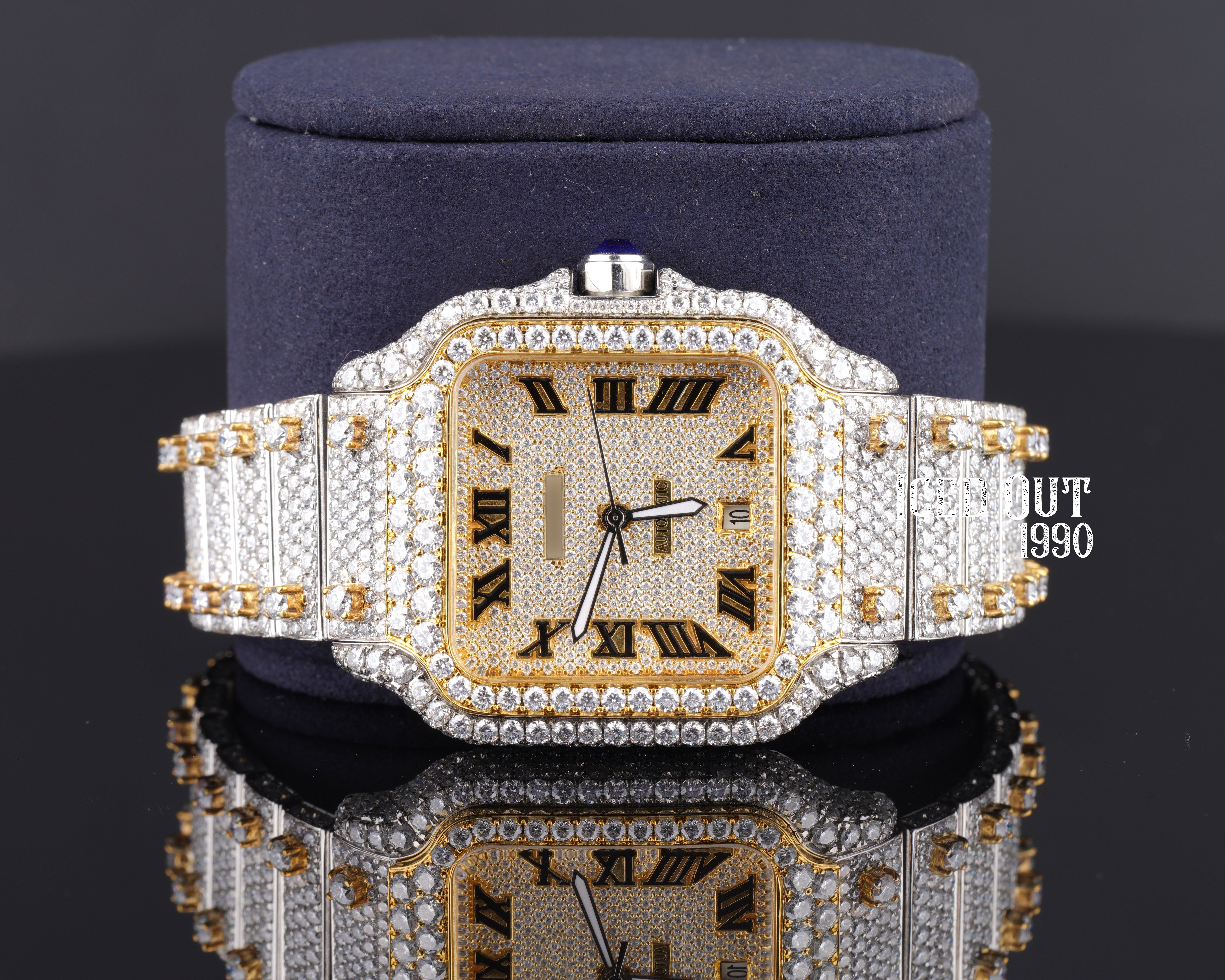 Iced Out Moissanite Watch Two Tone Hip Hop Wrist Bust Down Watch