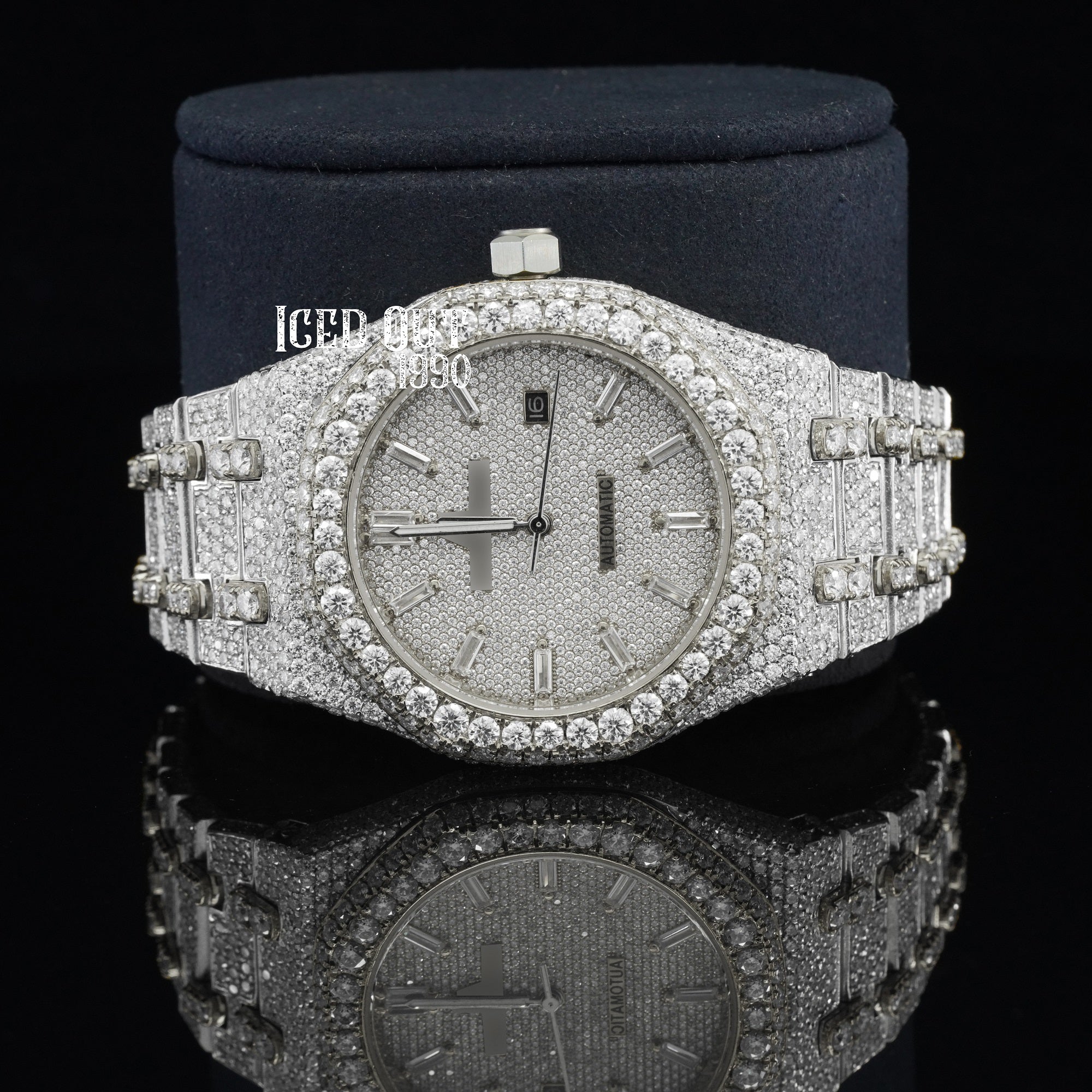 Moissanite Watch Automatic Iced Out Bust Down Sapphire Crystal Glass Watch