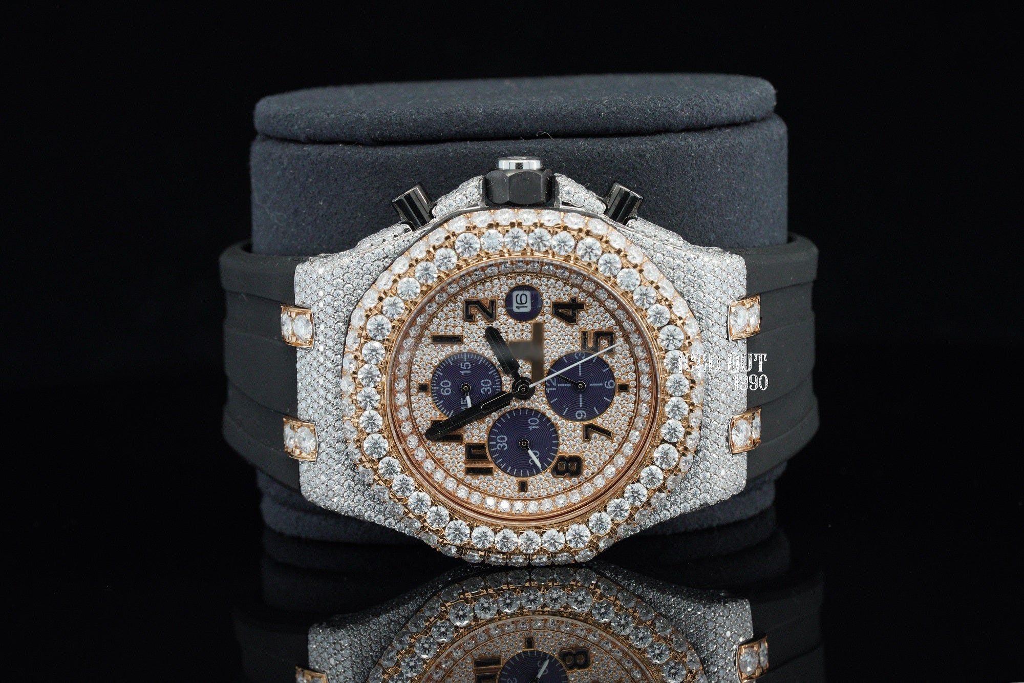 Two Tone Chronograph Moissanite Hip Hop Iced Out Watch Rubber Belt