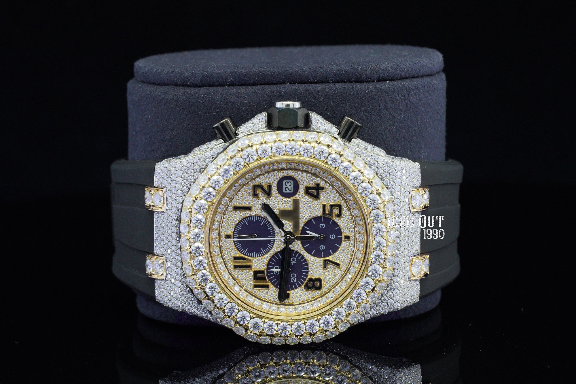 Two Tone Chronograph Iced Out Moissanite Hip Hop Watch Rubber Belt