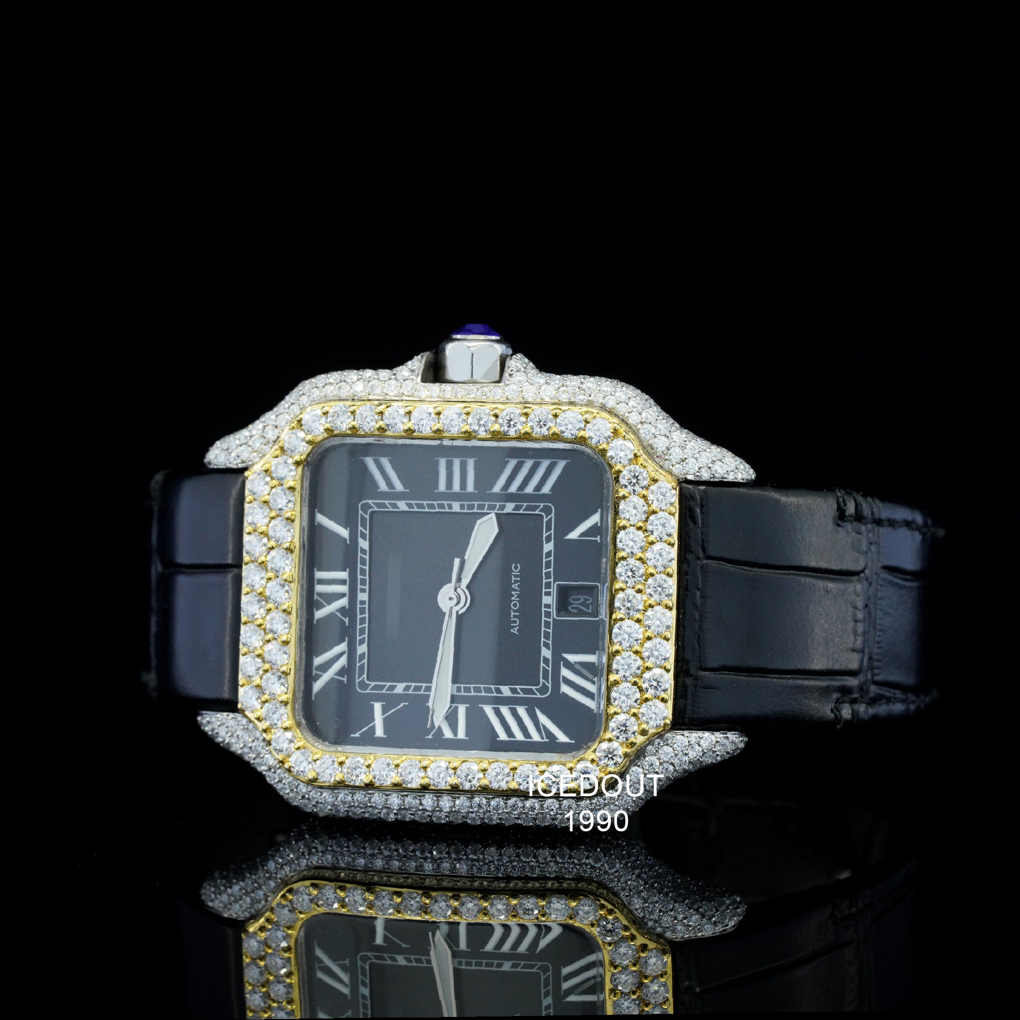 Fabulous Moissanite Diamond Iced Out Black Color Leather Belt Automatic Wrist Watch For Men