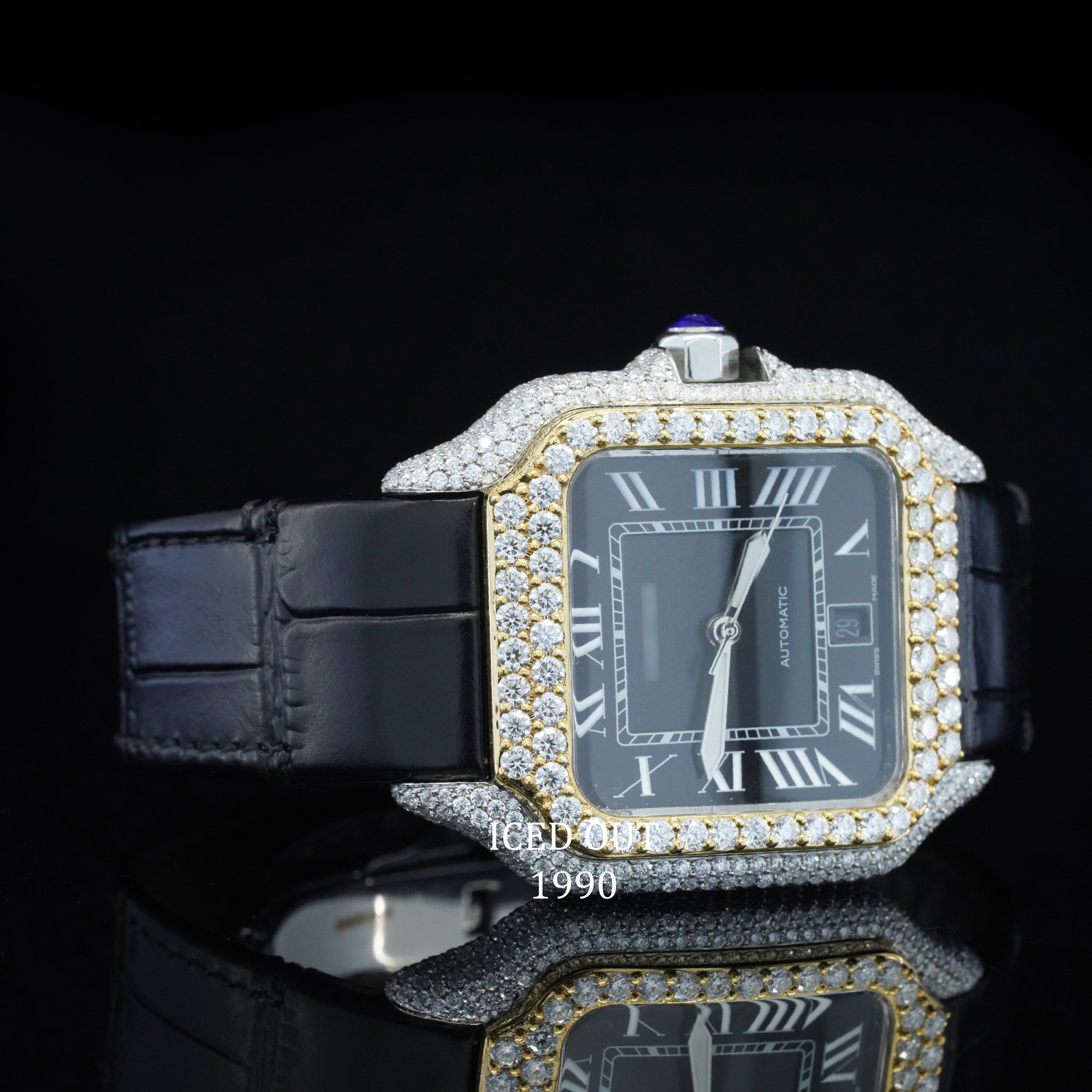 Fabulous Moissanite Diamond Iced Out Black Color Leather Belt Automatic Wrist Watch For Men