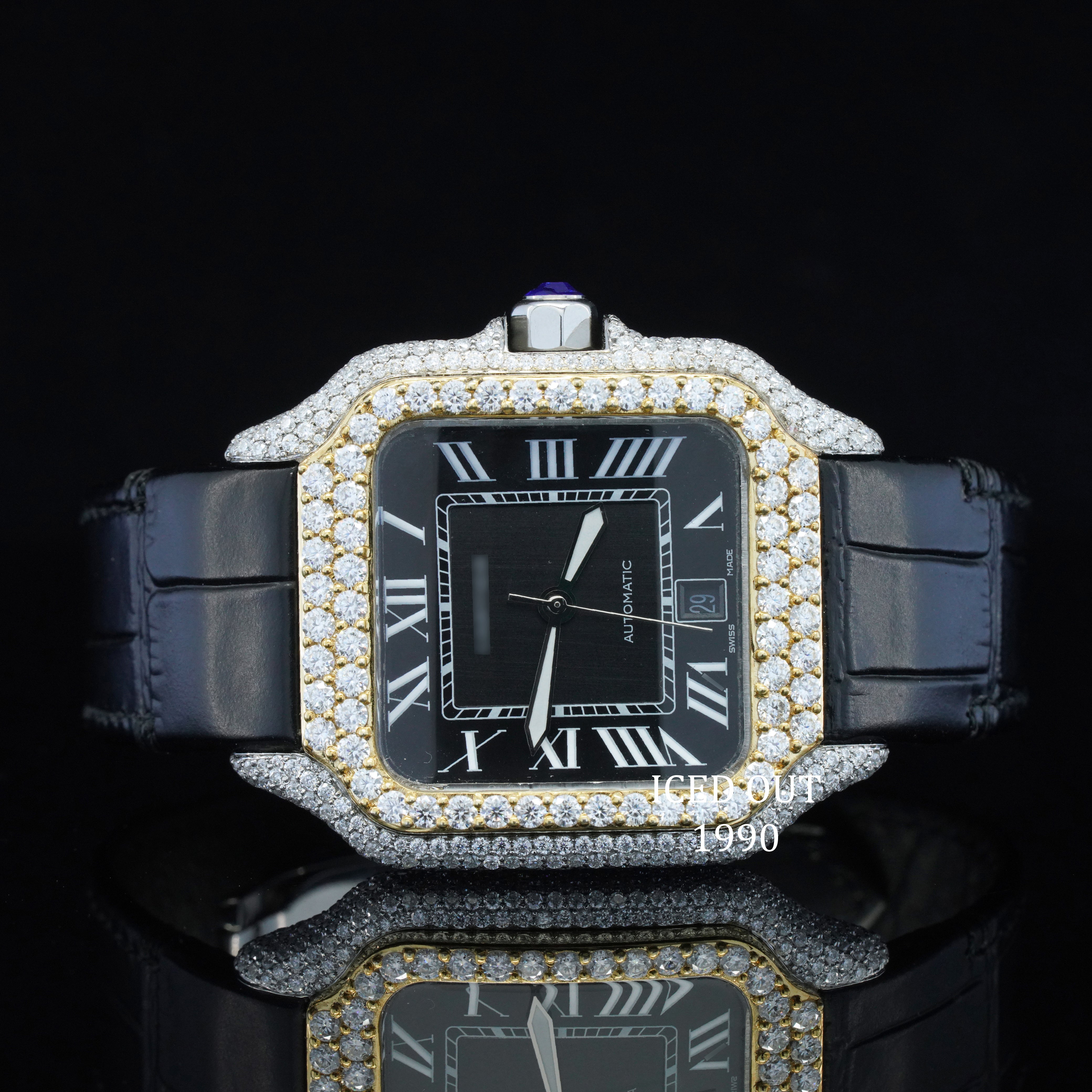 Fabulous Moissanite Diamond Iced Out Black Color Leather Belt Automatic Wrist Watch For Men