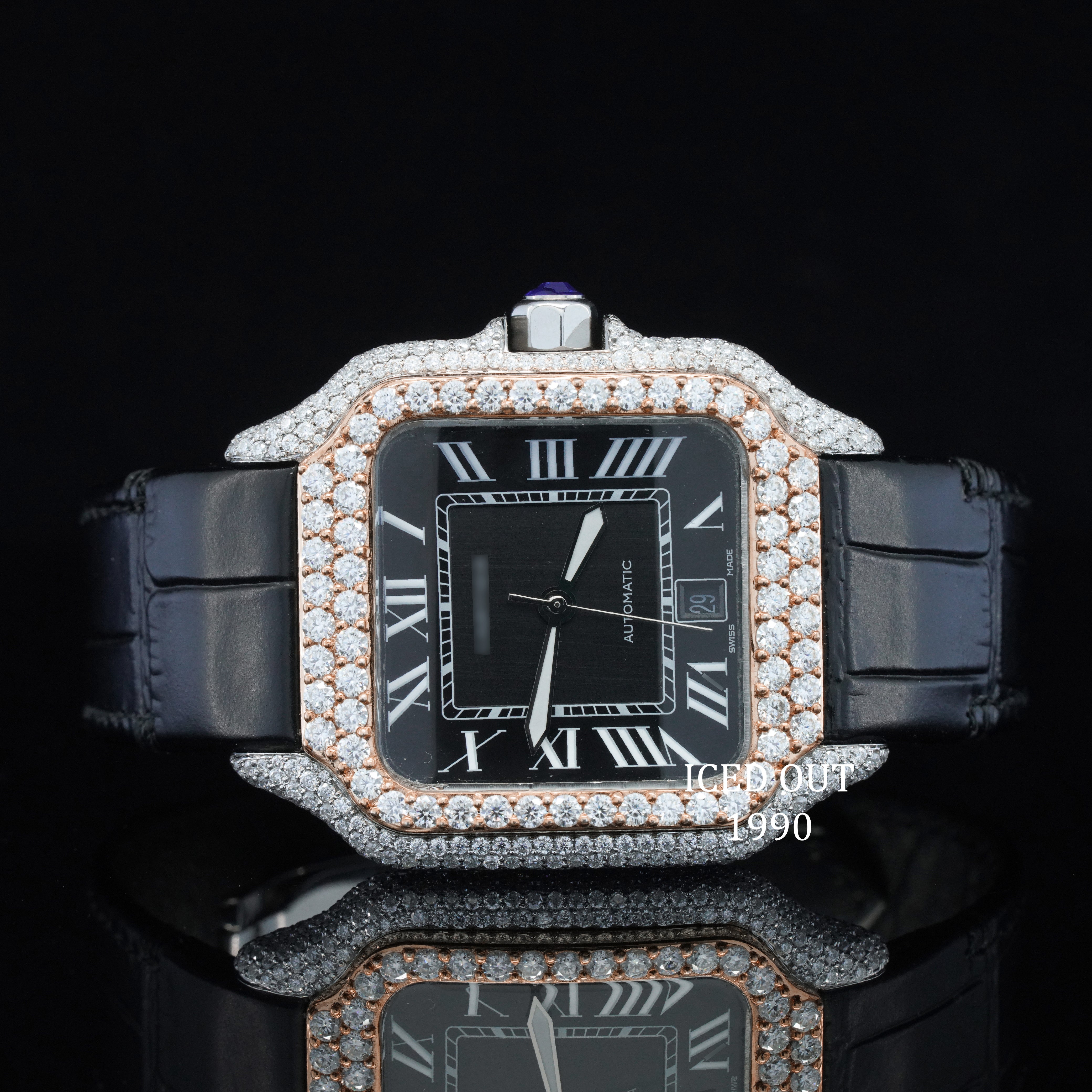 Fabulous Moissanite Diamond Iced Out Black Color Leather Belt Automatic Wrist Watch For Men