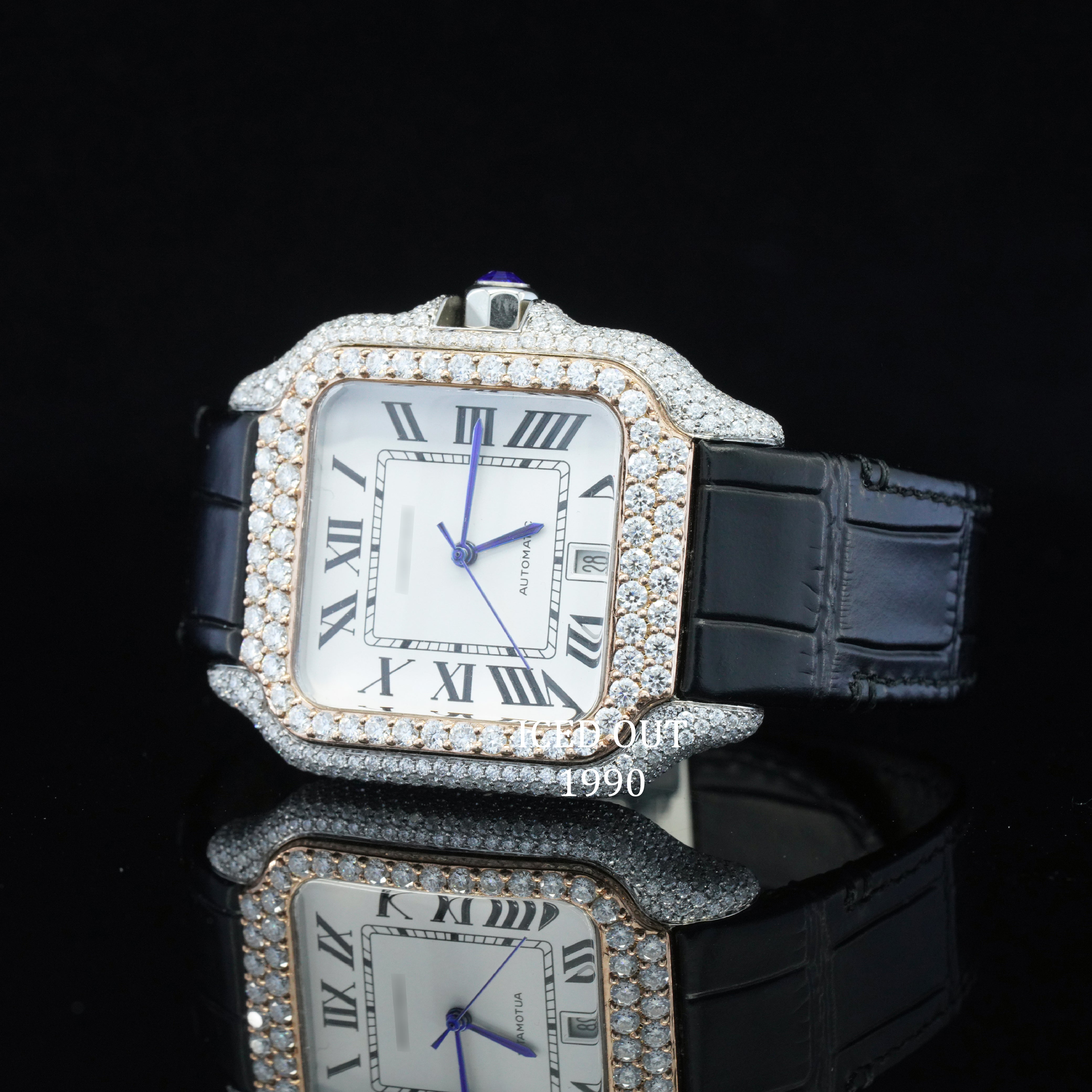 Moissanite Diamond Iced Out White Color Dial Leather Belt Automatic Wrist Watch For Men