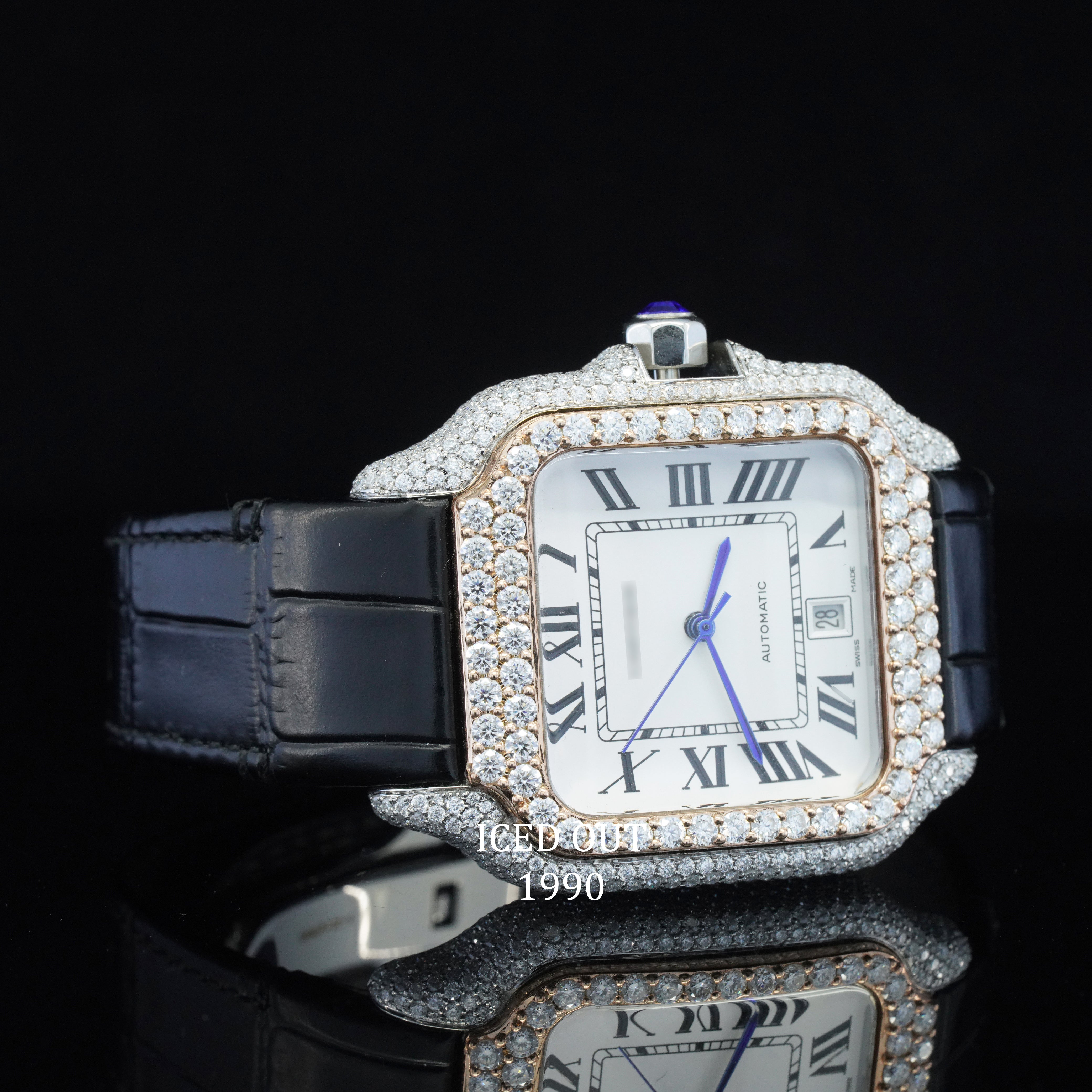 Moissanite Diamond Iced Out White Color Dial Leather Belt Automatic Wrist Watch For Men