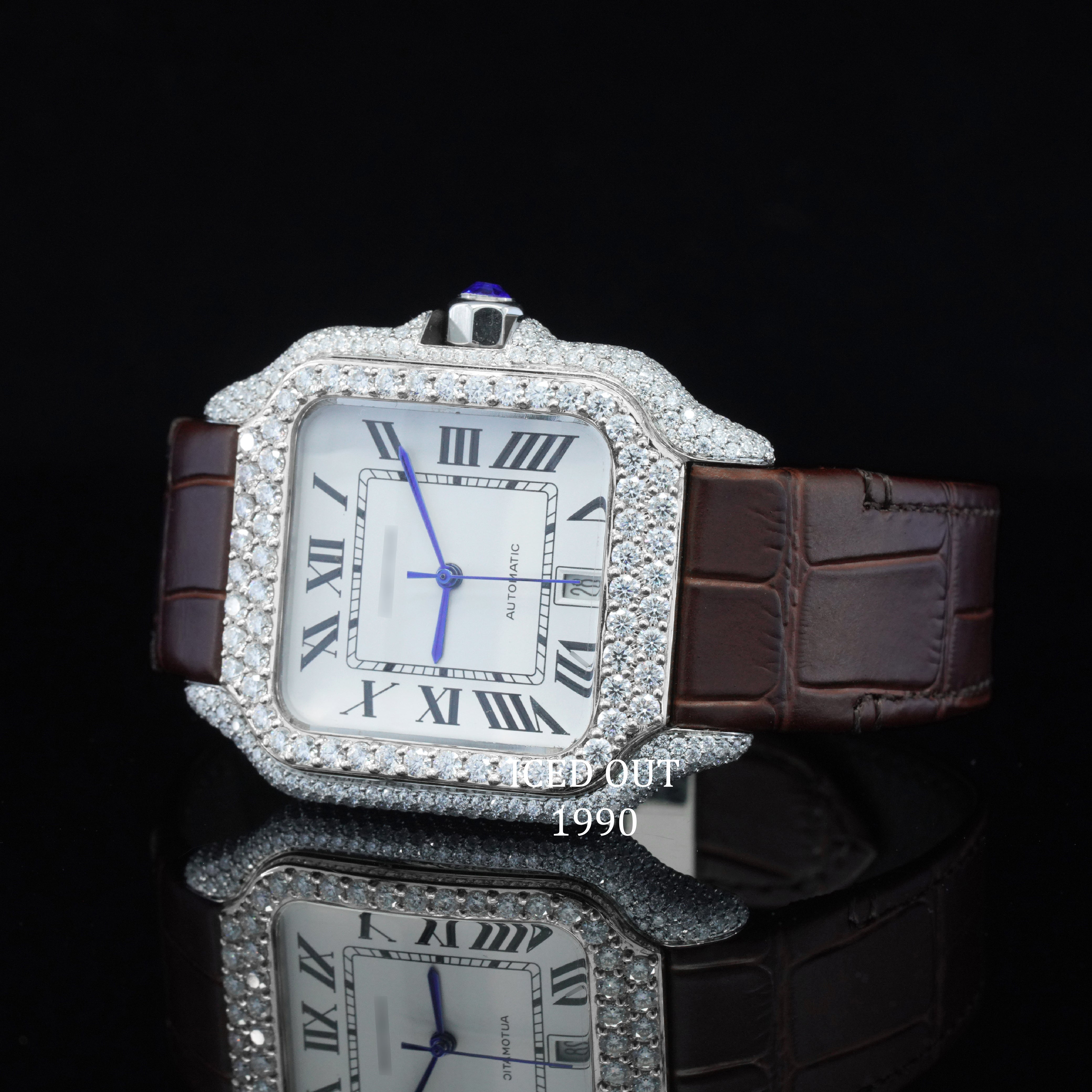 Amazing Moissanite Diamond Iced Out Brown Color Leather Belt Automatic Wrist Watch For Men