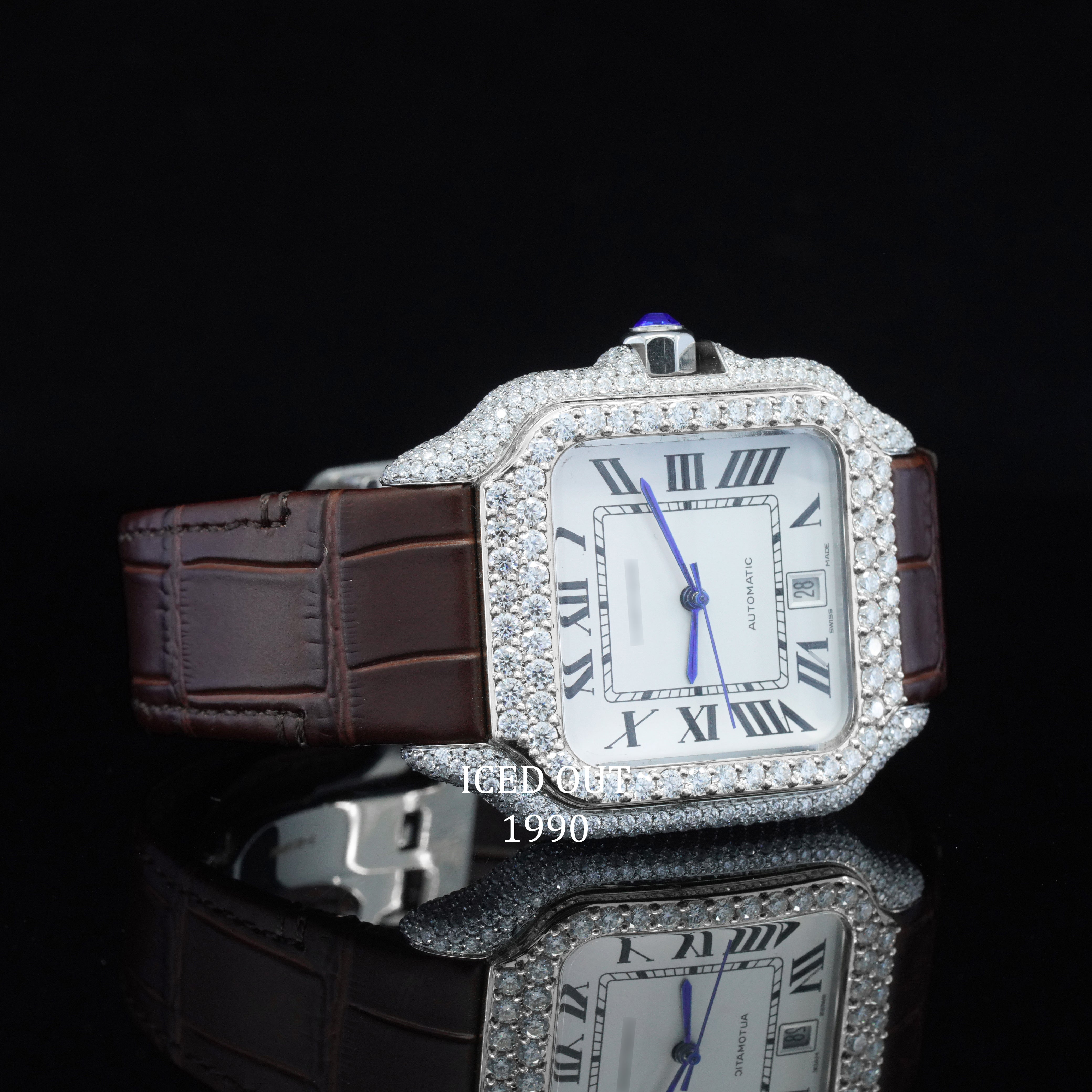 Amazing Moissanite Diamond Iced Out Brown Color Leather Belt Automatic Wrist Watch For Men