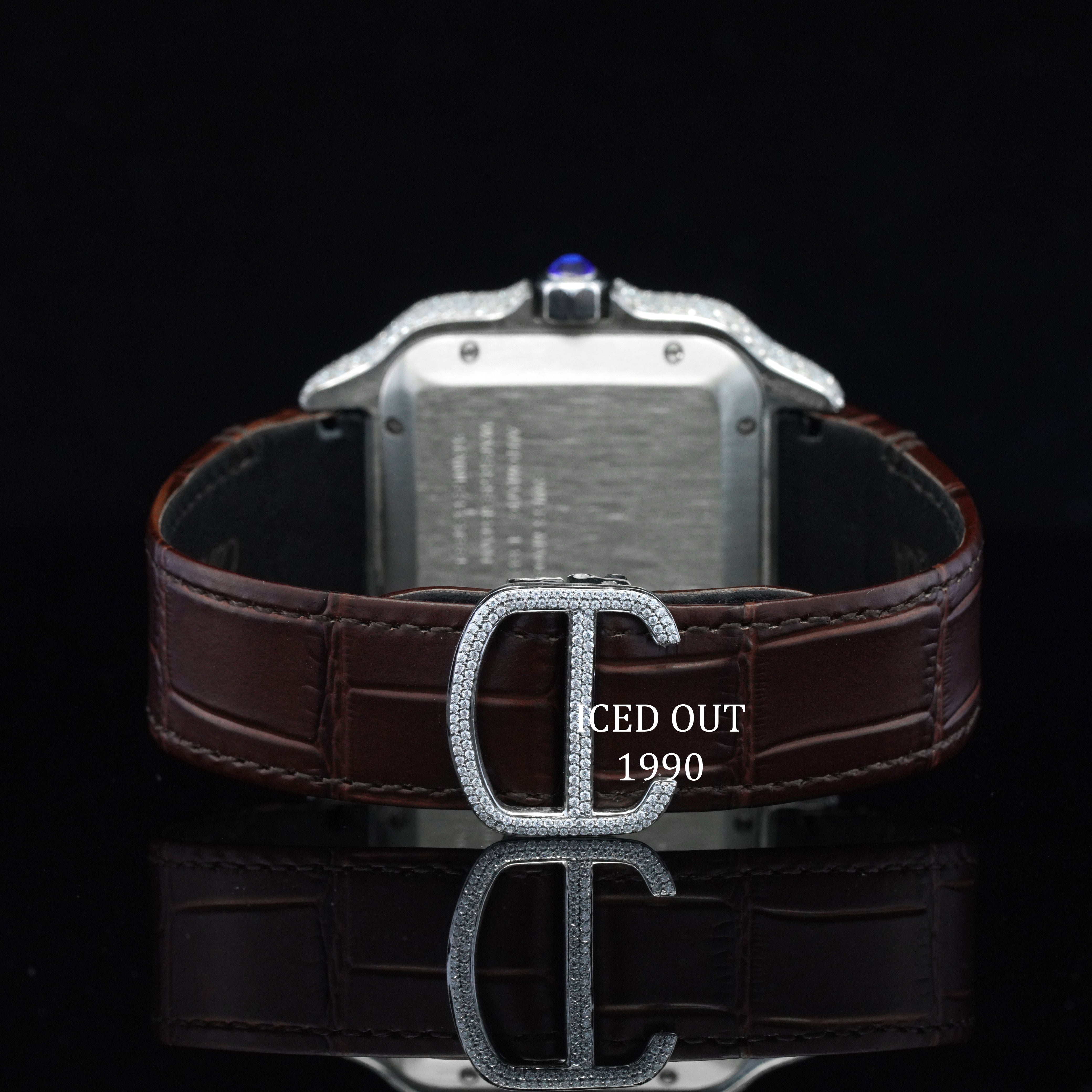 Amazing Moissanite Diamond Iced Out Brown Color Leather Belt Automatic Wrist Watch For Men