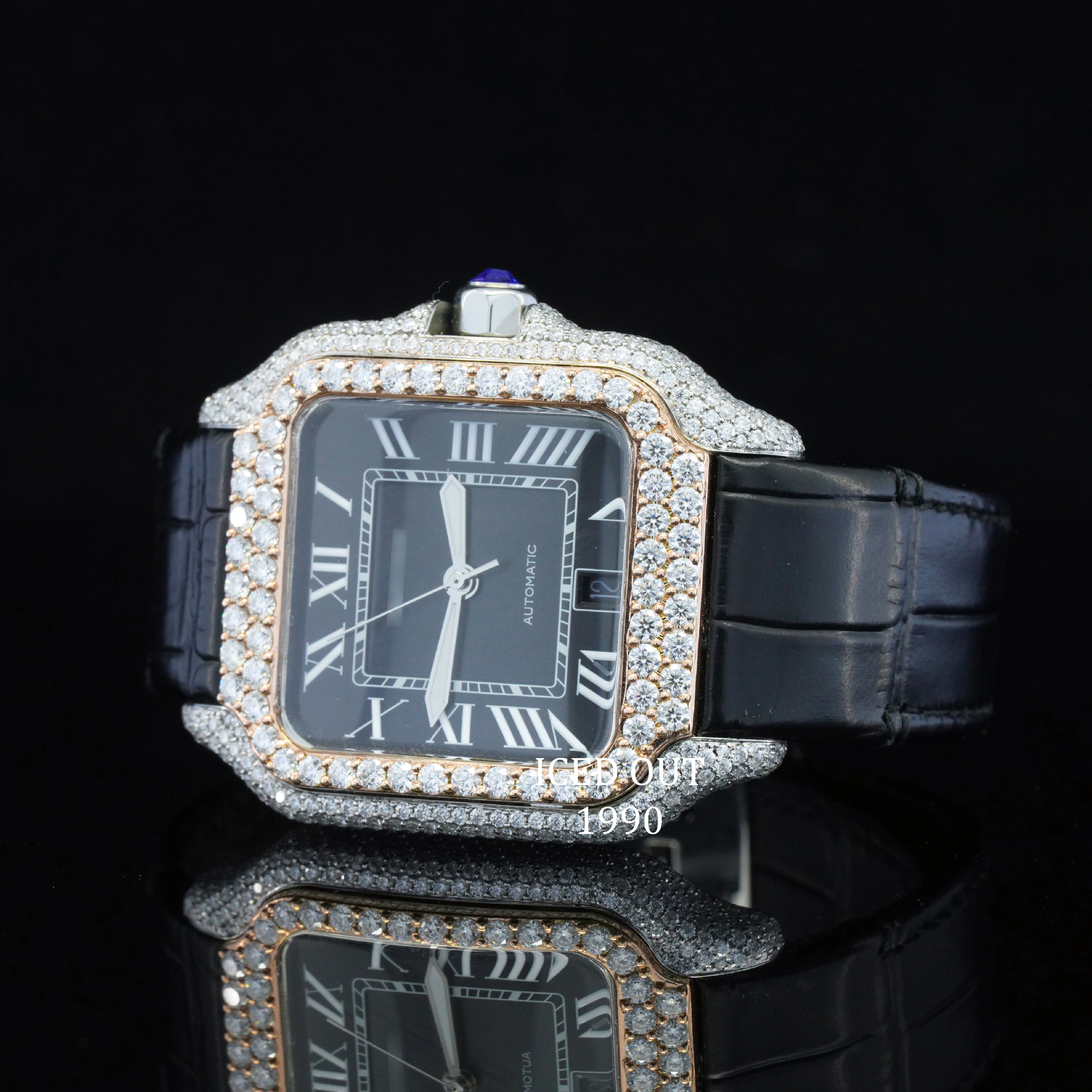 Moissanite Diamond Iced Out Black Color Dial & Leather Belt Automatic Wrist Watch For Men