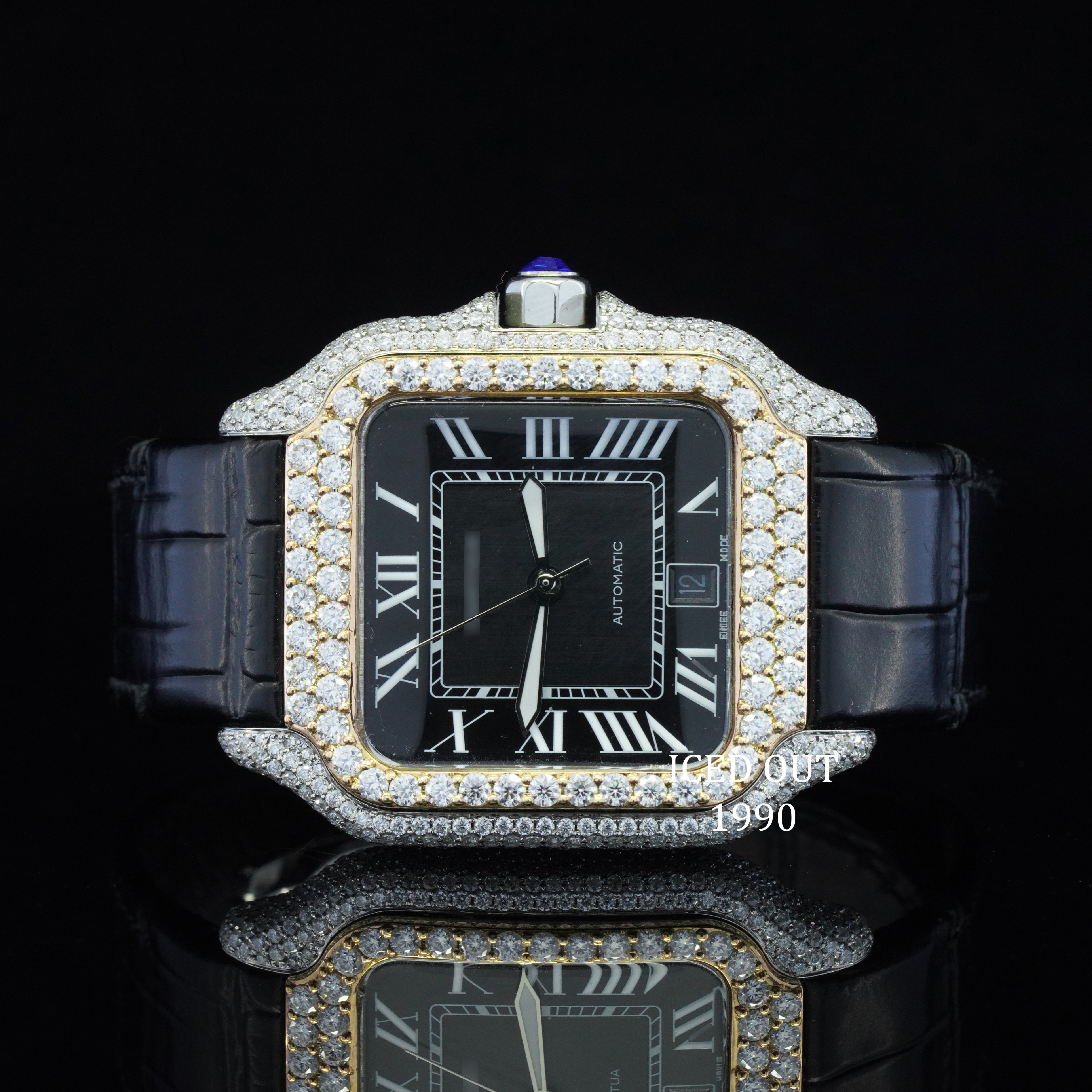 Moissanite Diamond Iced Out Black Color Dial & Leather Belt Automatic Wrist Watch For Men