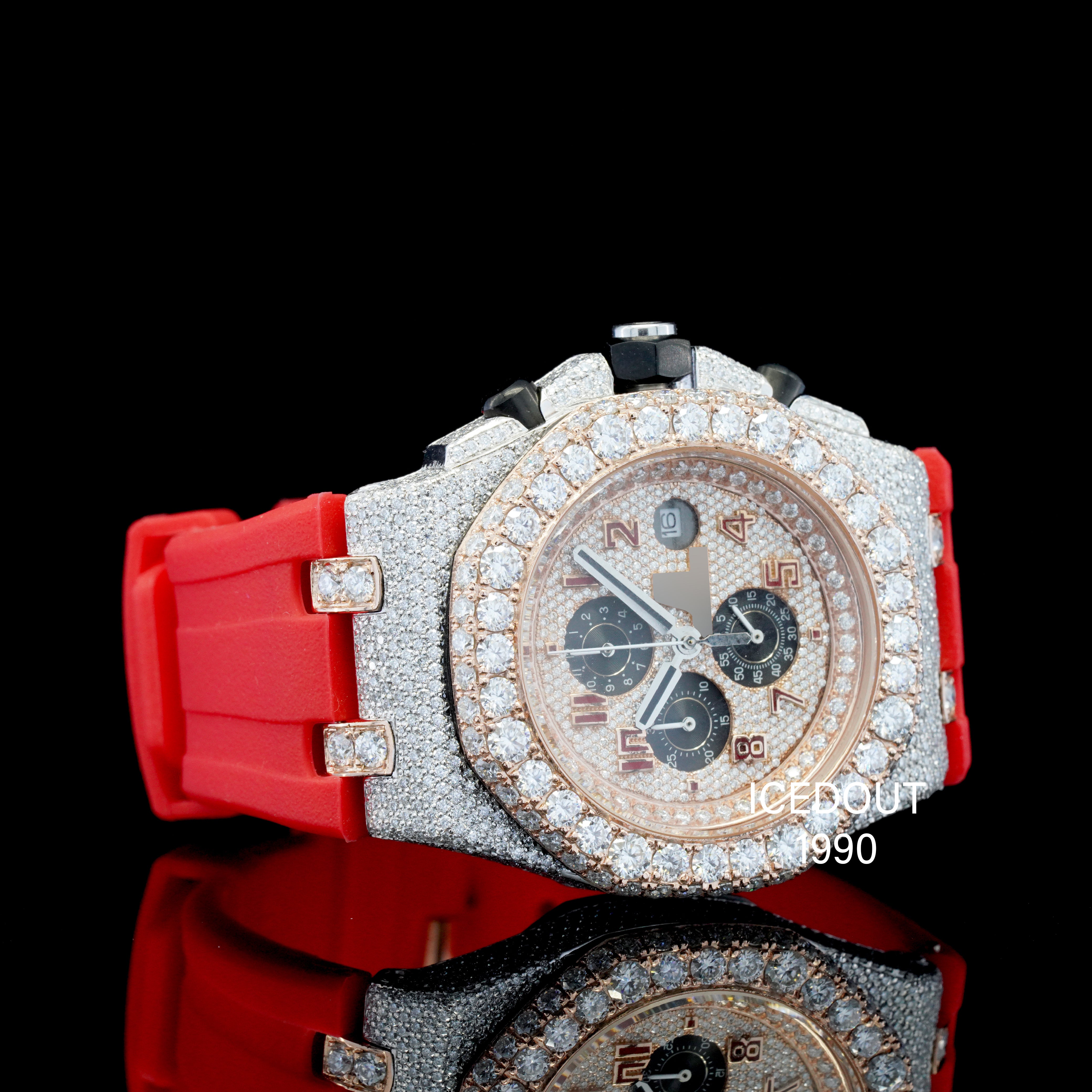 Stunning Moissanite Diamond Iced Out Red Color Rubber Belt Automatic Watch For Men