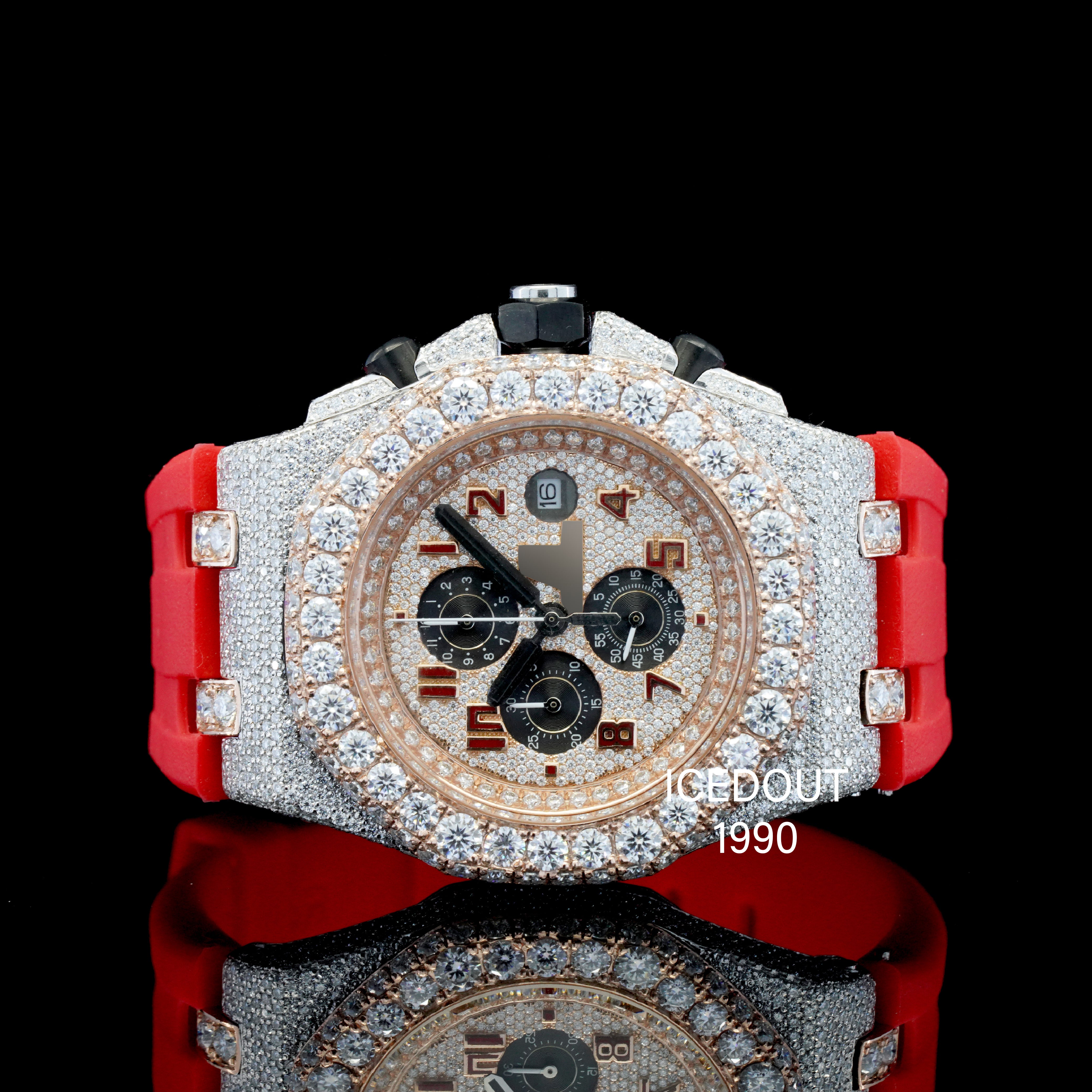 Stunning Moissanite Diamond Iced Out Red Color Rubber Belt Automatic Watch For Men