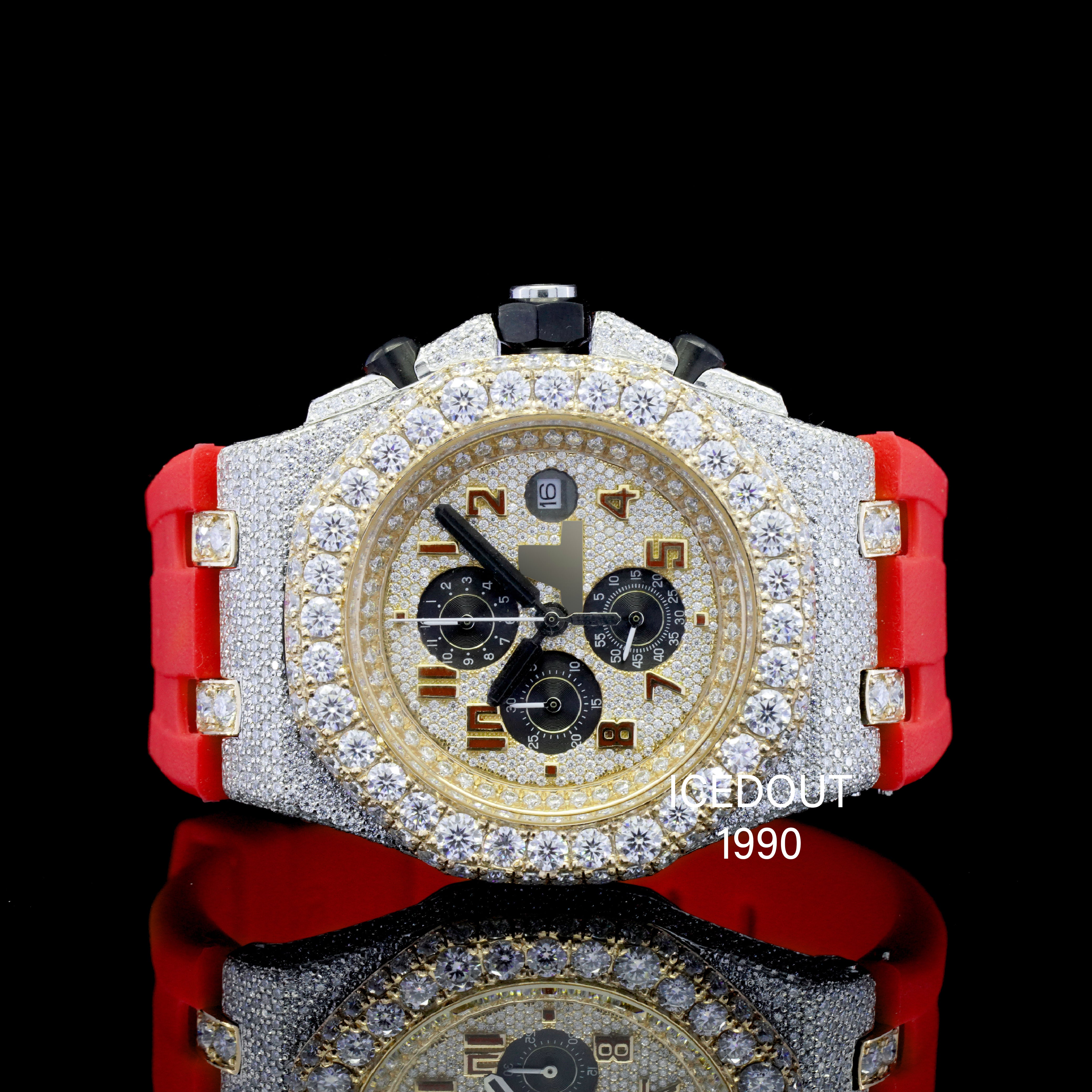 Stunning Moissanite Diamond Iced Out Red Color Rubber Belt Automatic Watch For Men