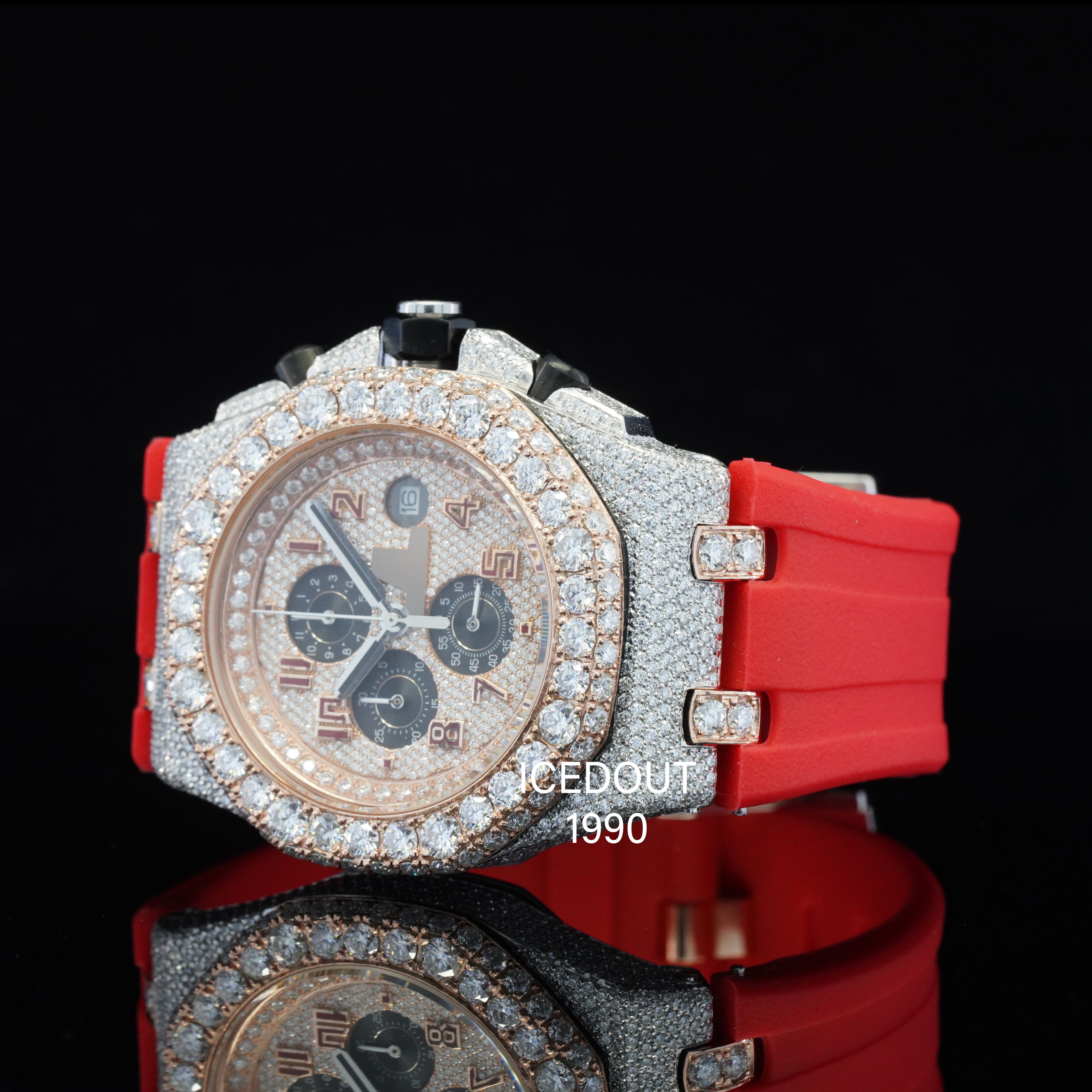 Stunning Moissanite Diamond Iced Out Red Color Rubber Belt Automatic Watch For Men