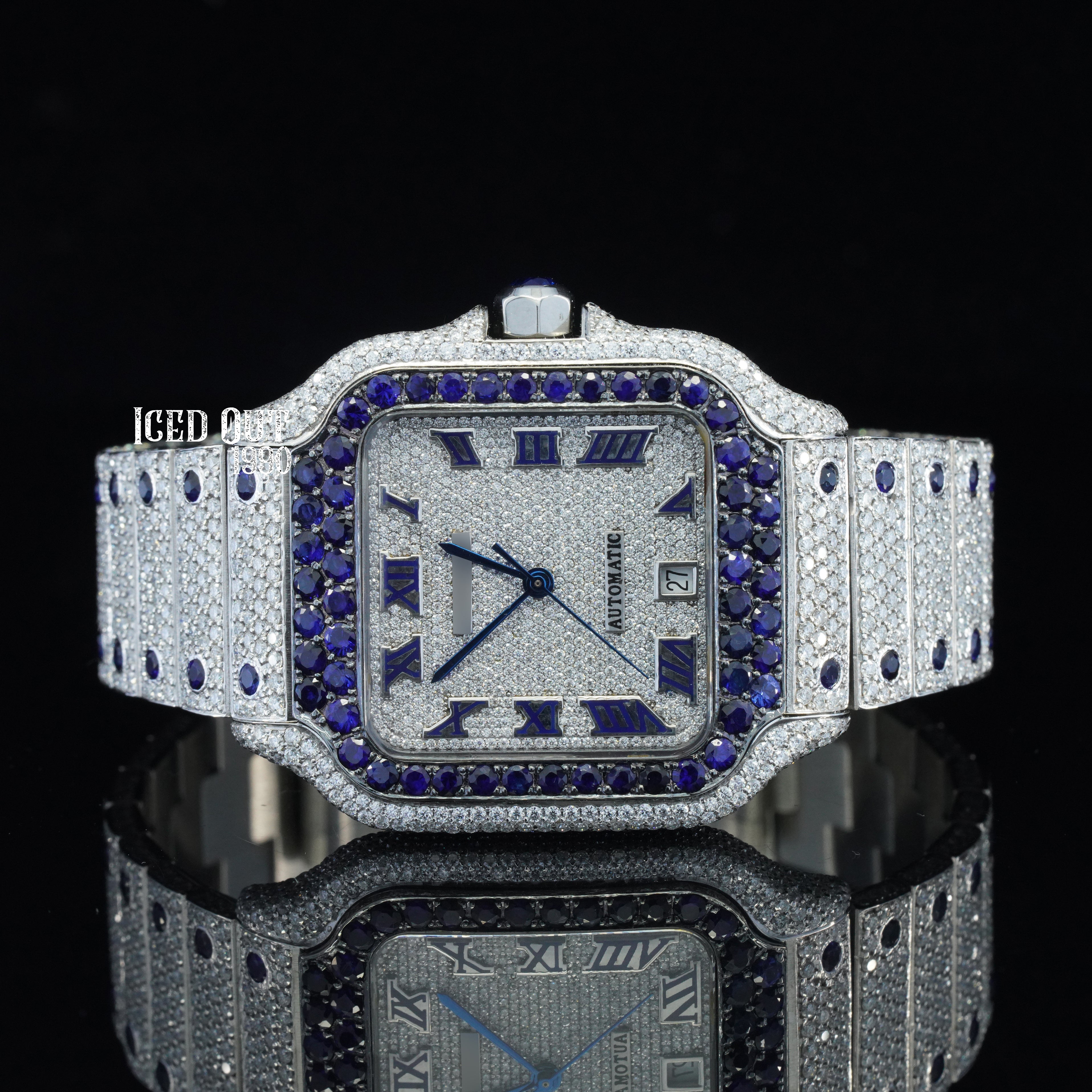 Blue Bezel Color Moissanite Diamond Totally Iced Out Automatic Watch For Men