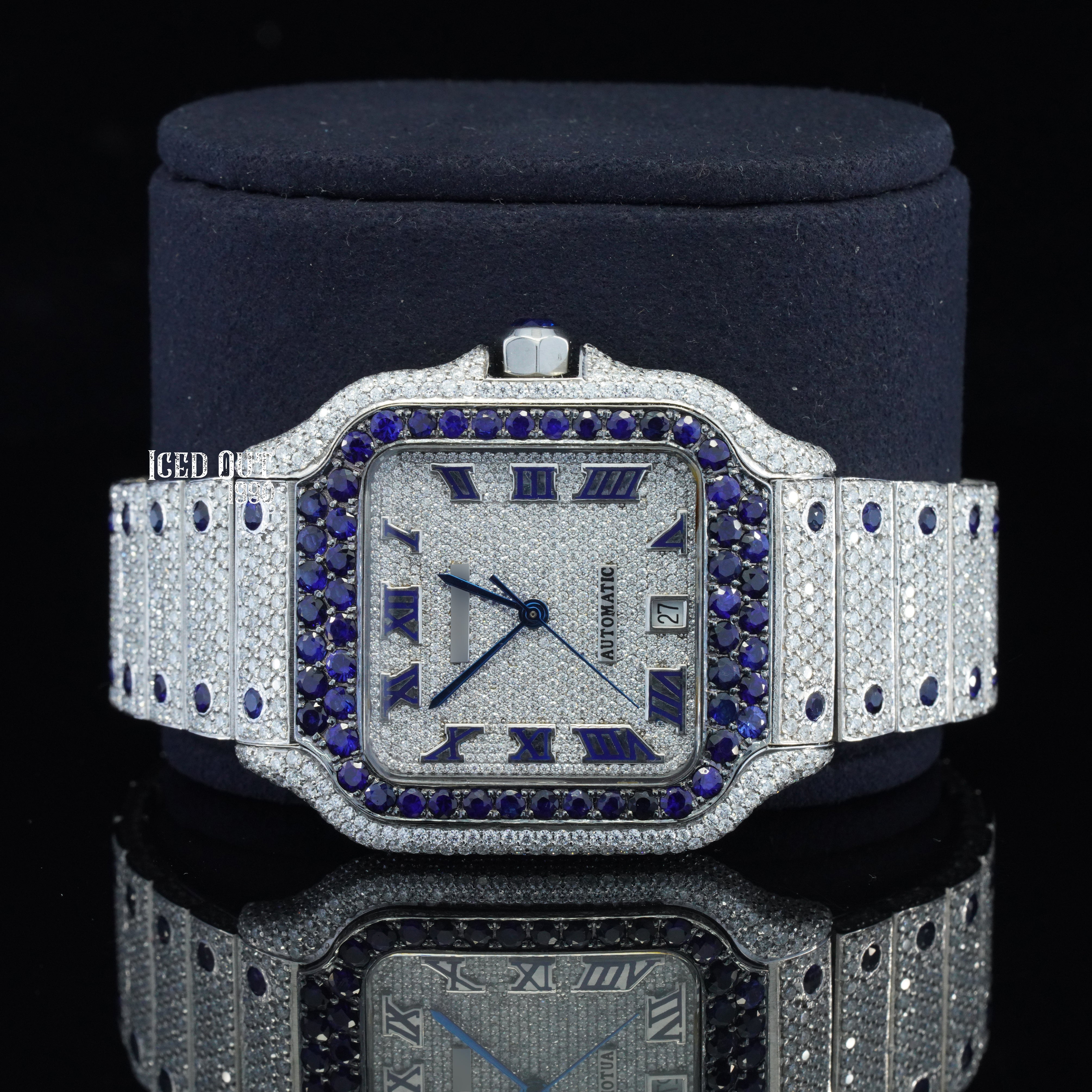 Blue Bezel Color Moissanite Diamond Totally Iced Out Automatic Watch For Men